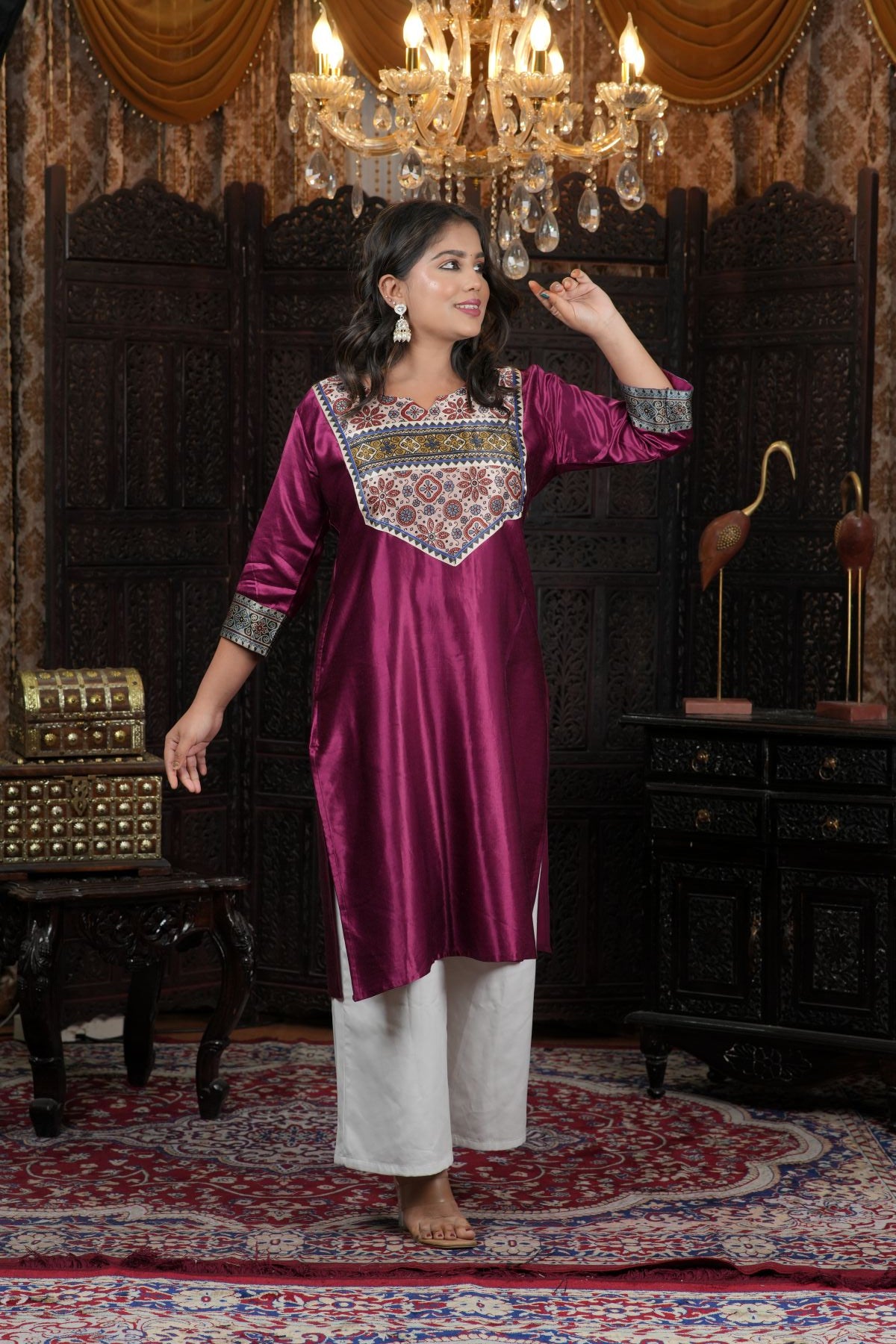 Wine Satin Ethnic Kurti with Printed Yoke