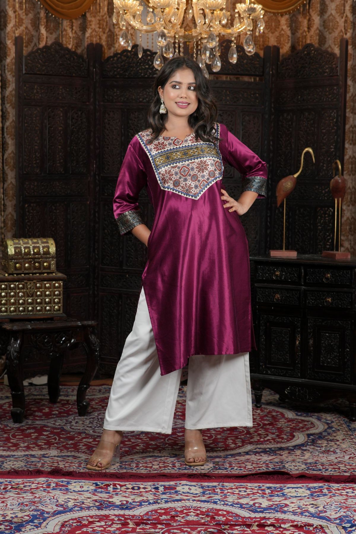 Wine Satin Ethnic Kurti with Printed Yoke
