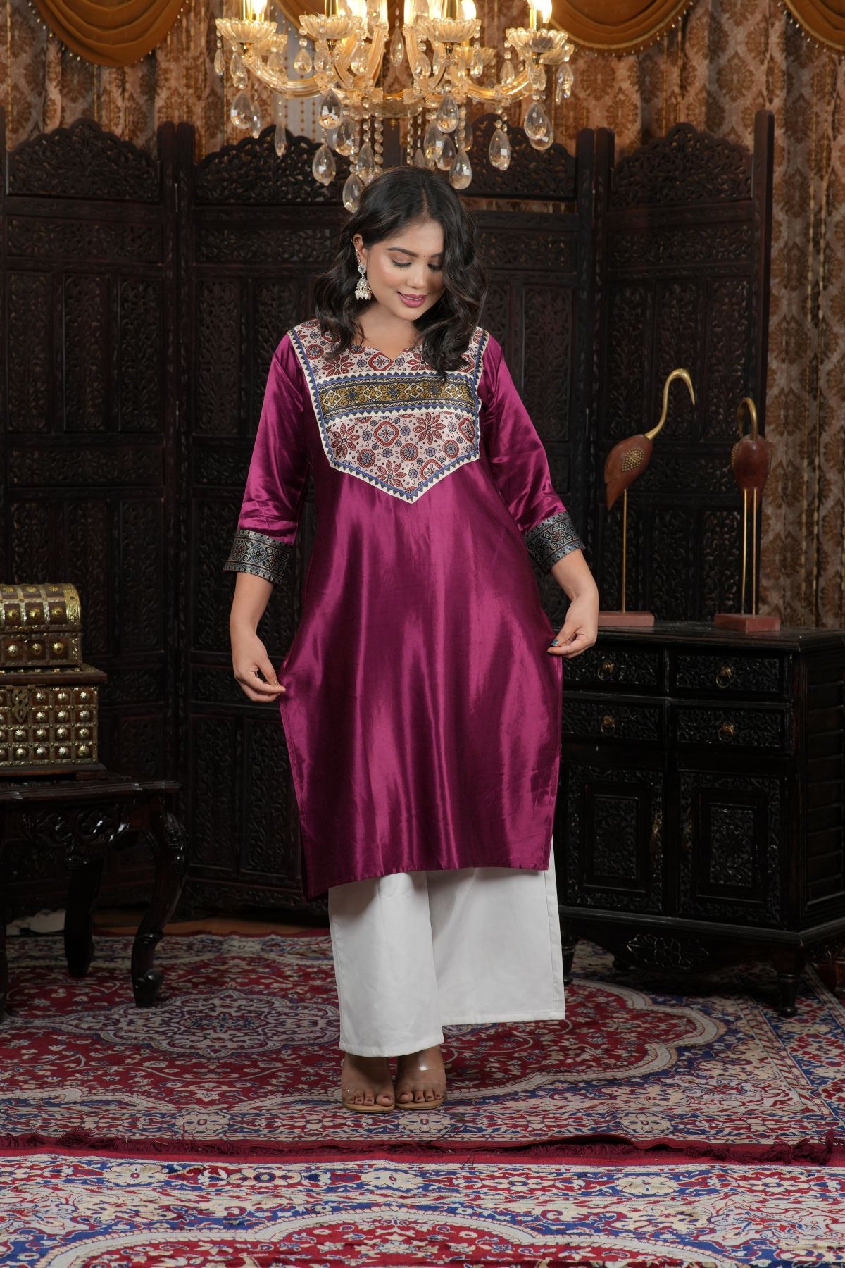 Wine Satin Ethnic Kurti with Printed Yoke