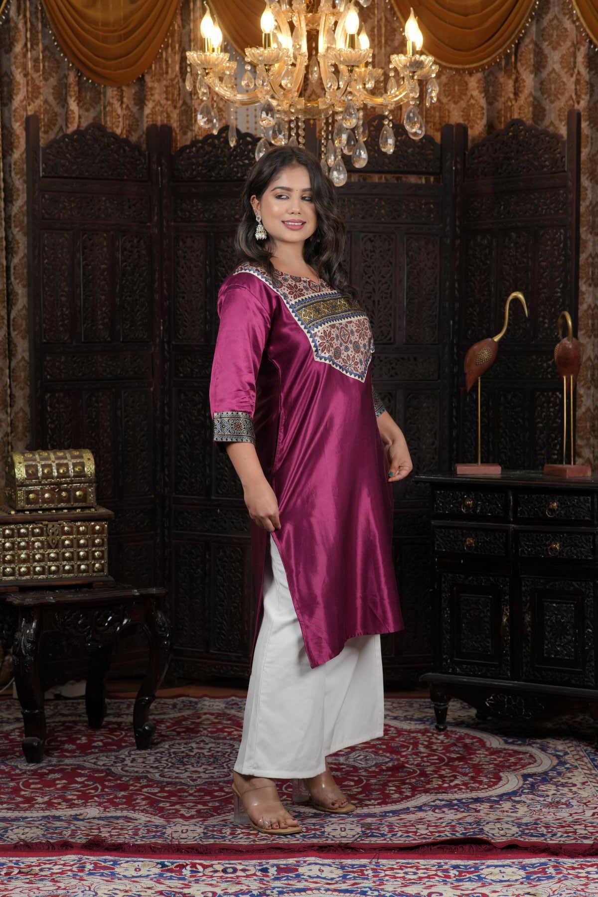 Wine Satin Ethnic Kurti with Printed Yoke