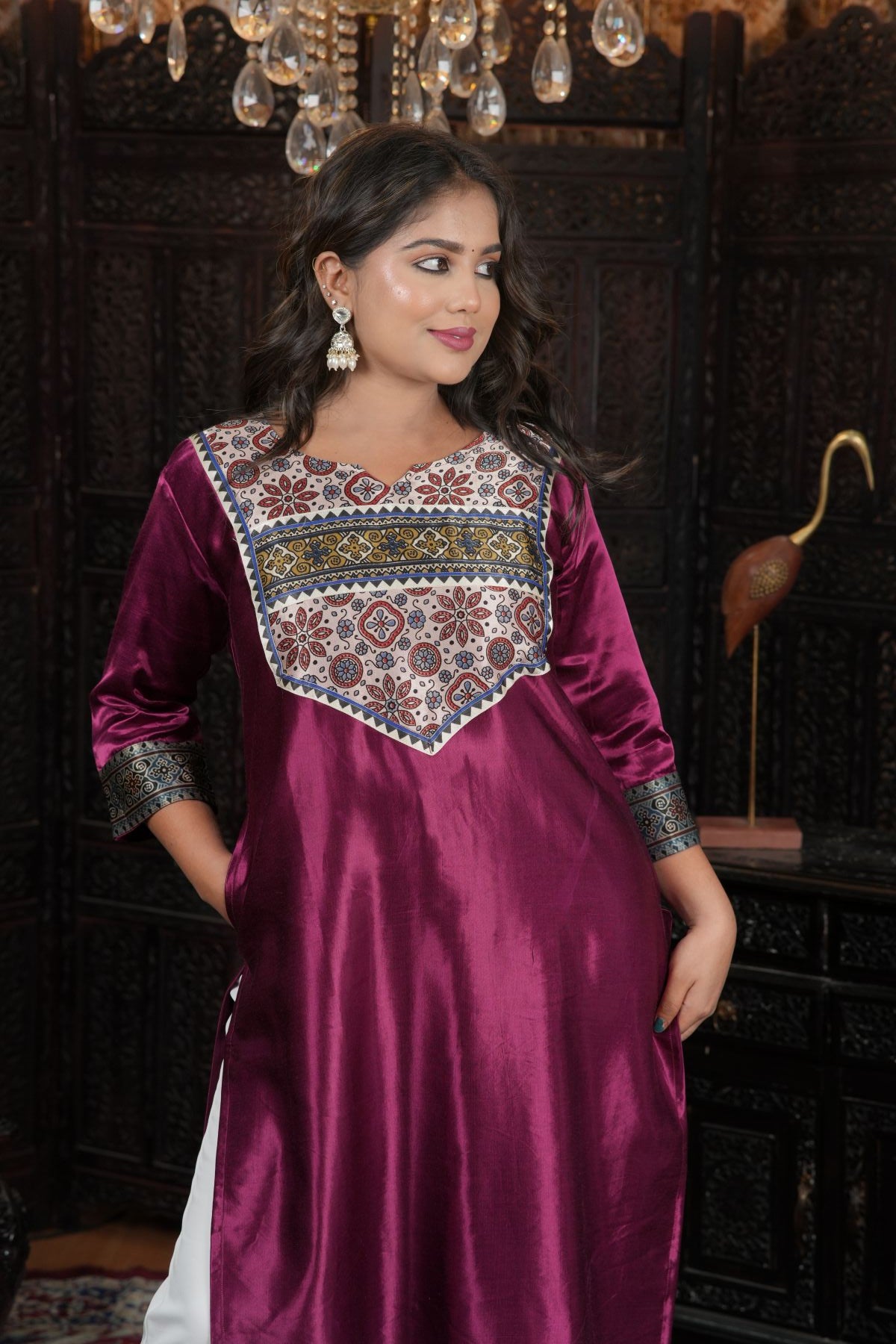 Wine Satin Ethnic Kurti with Printed Yoke