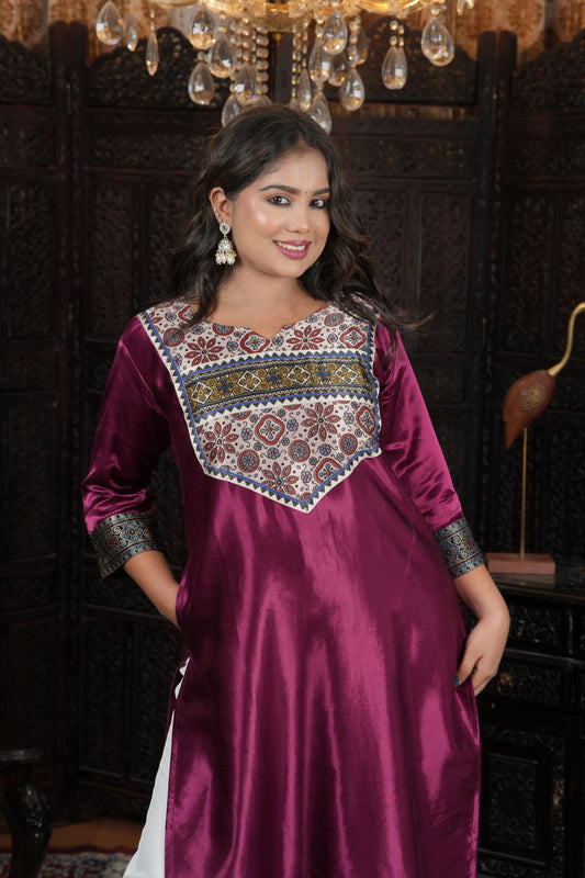 Wine Satin Ethnic Kurti with Printed Yoke