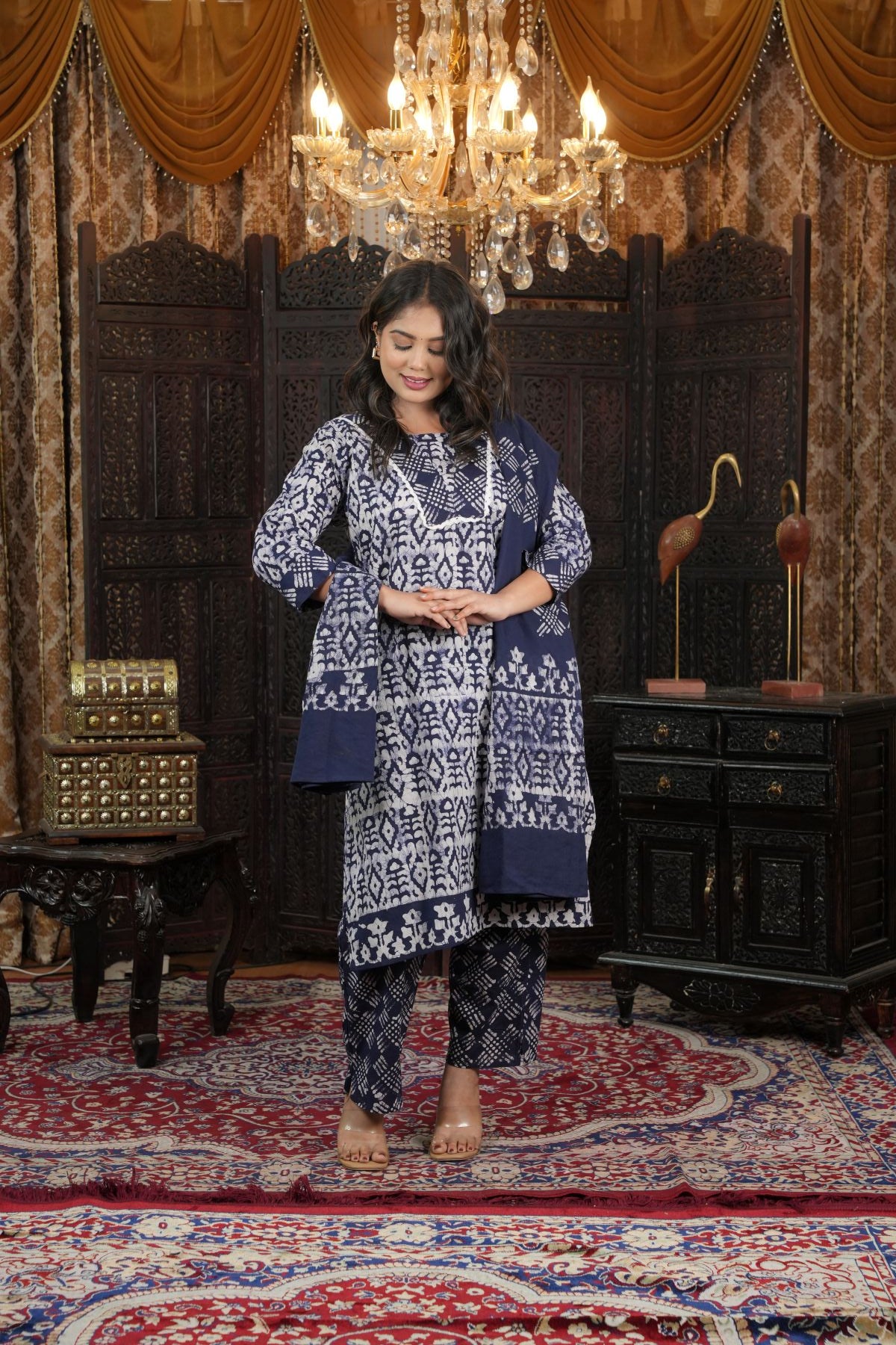 Indigo Batik Print pure cotton kurta set with Dupatta