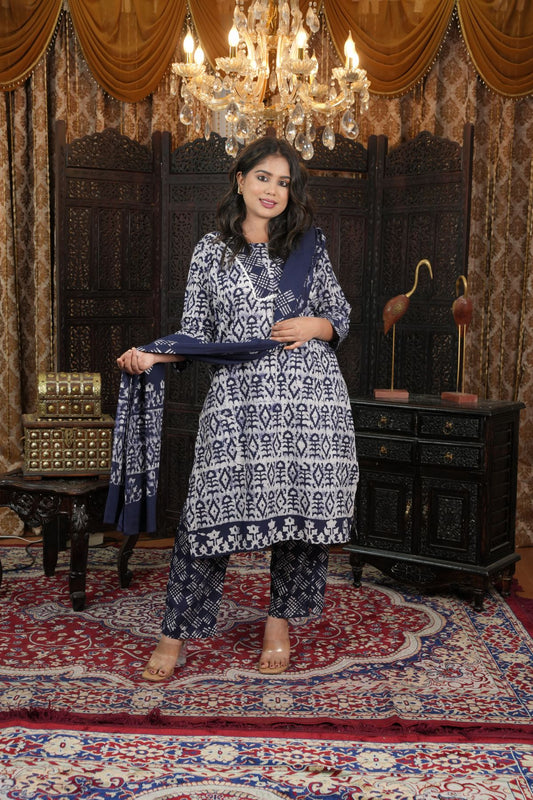 Indigo Batik Print pure cotton kurta set with Dupatta