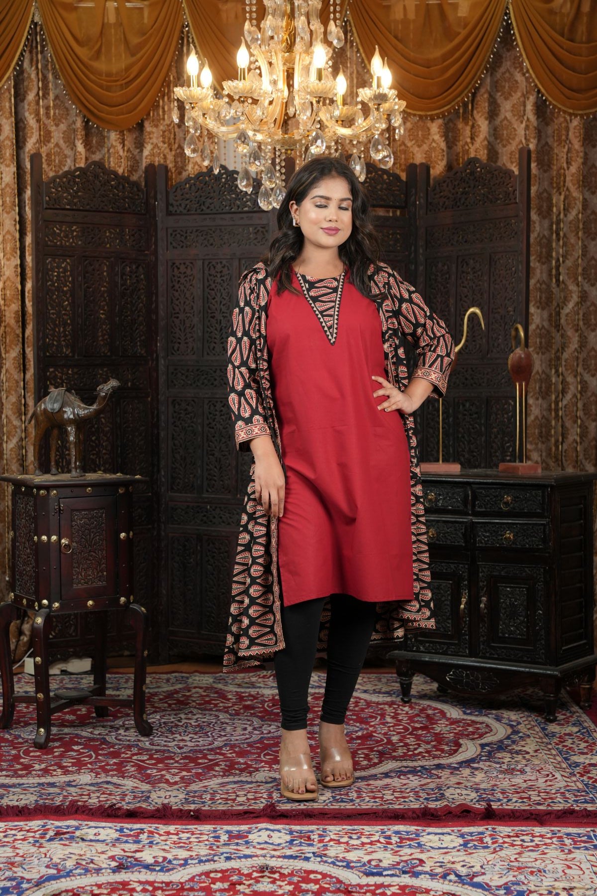 Cambric Ajrak layered Kurti with Jacket Set
