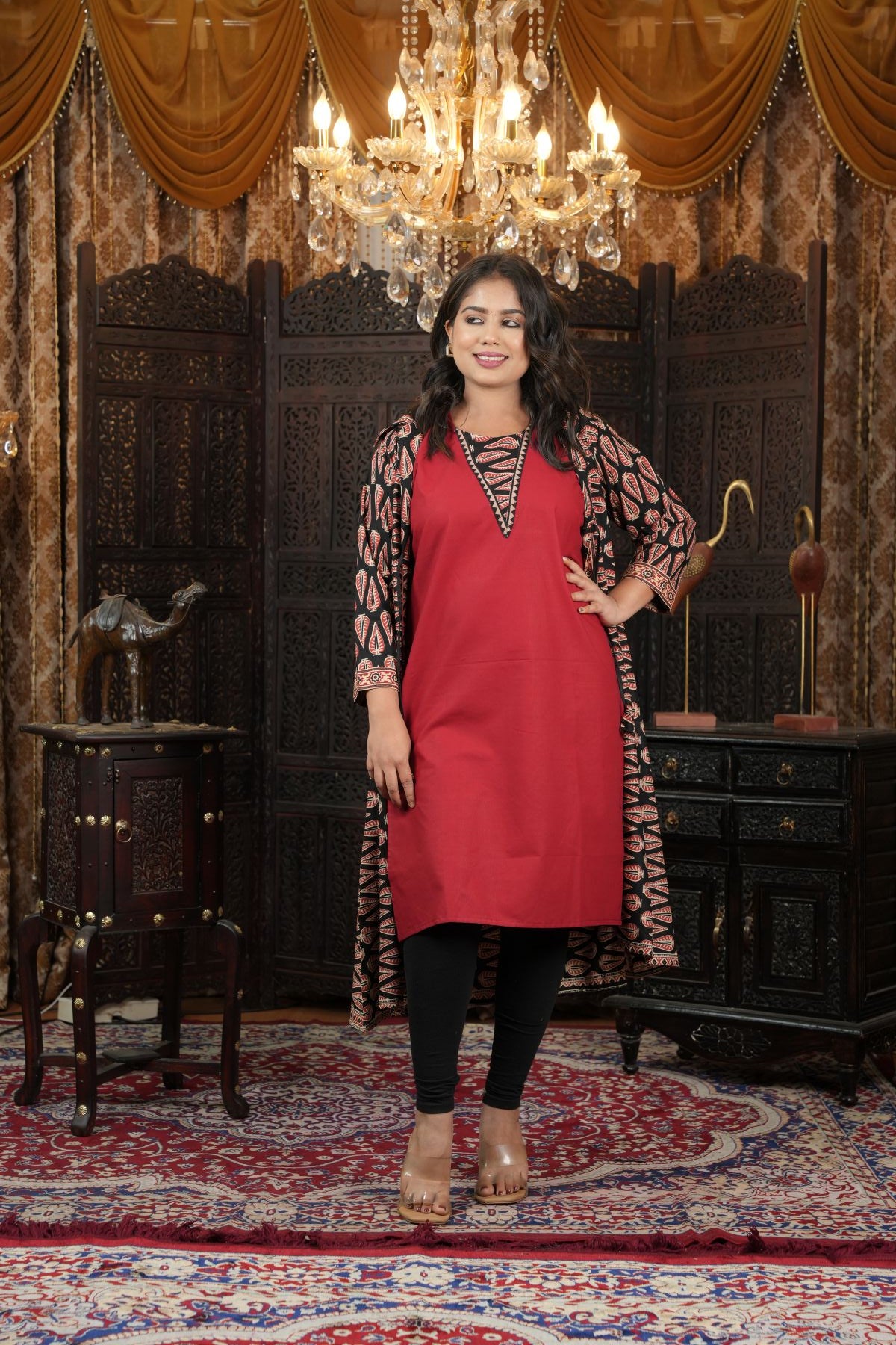 Cambric Ajrak layered Kurti with Jacket Set