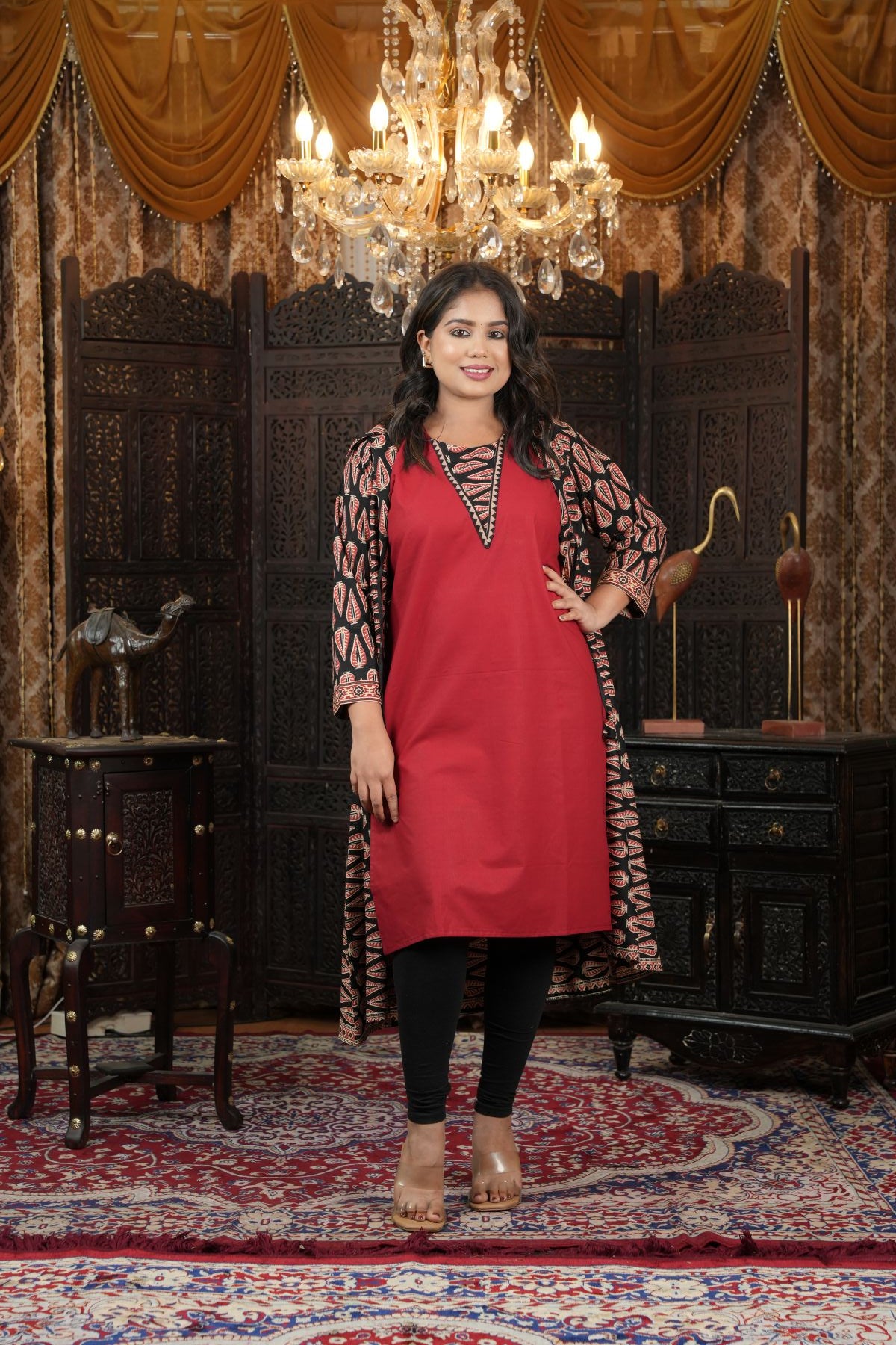 Cambric Ajrak layered Kurti with Jacket Set