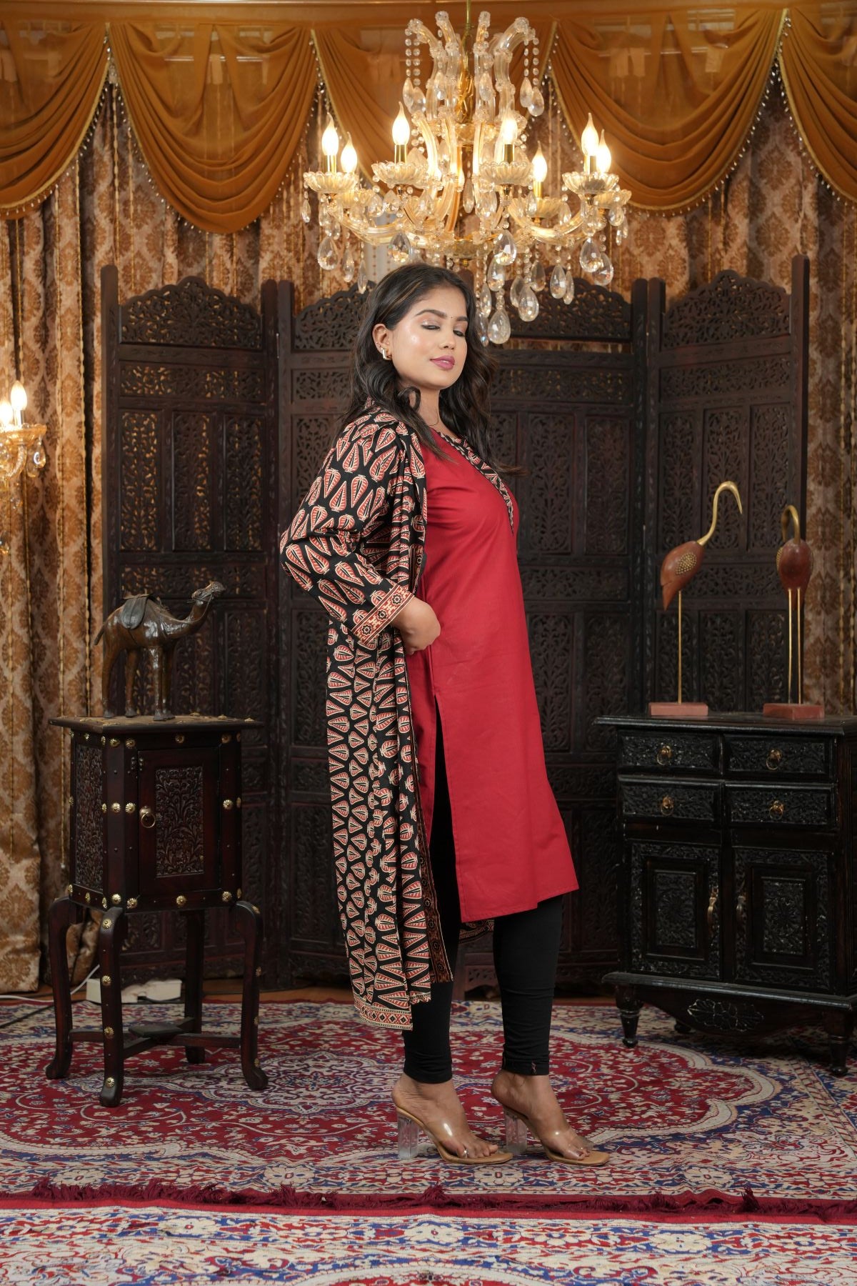 Cambric Ajrak layered Kurti with Jacket Set