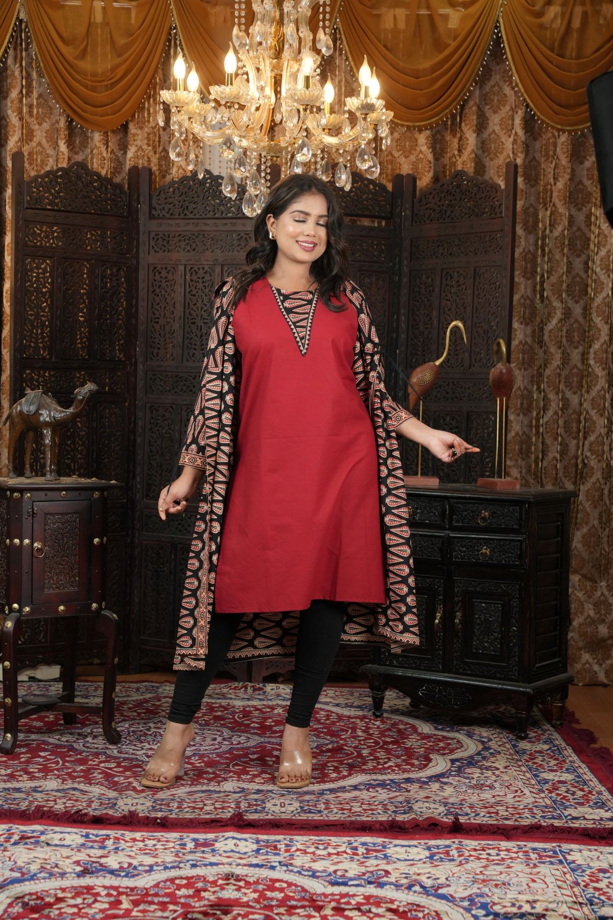 Cambric Ajrak layered Kurti with Jacket Set