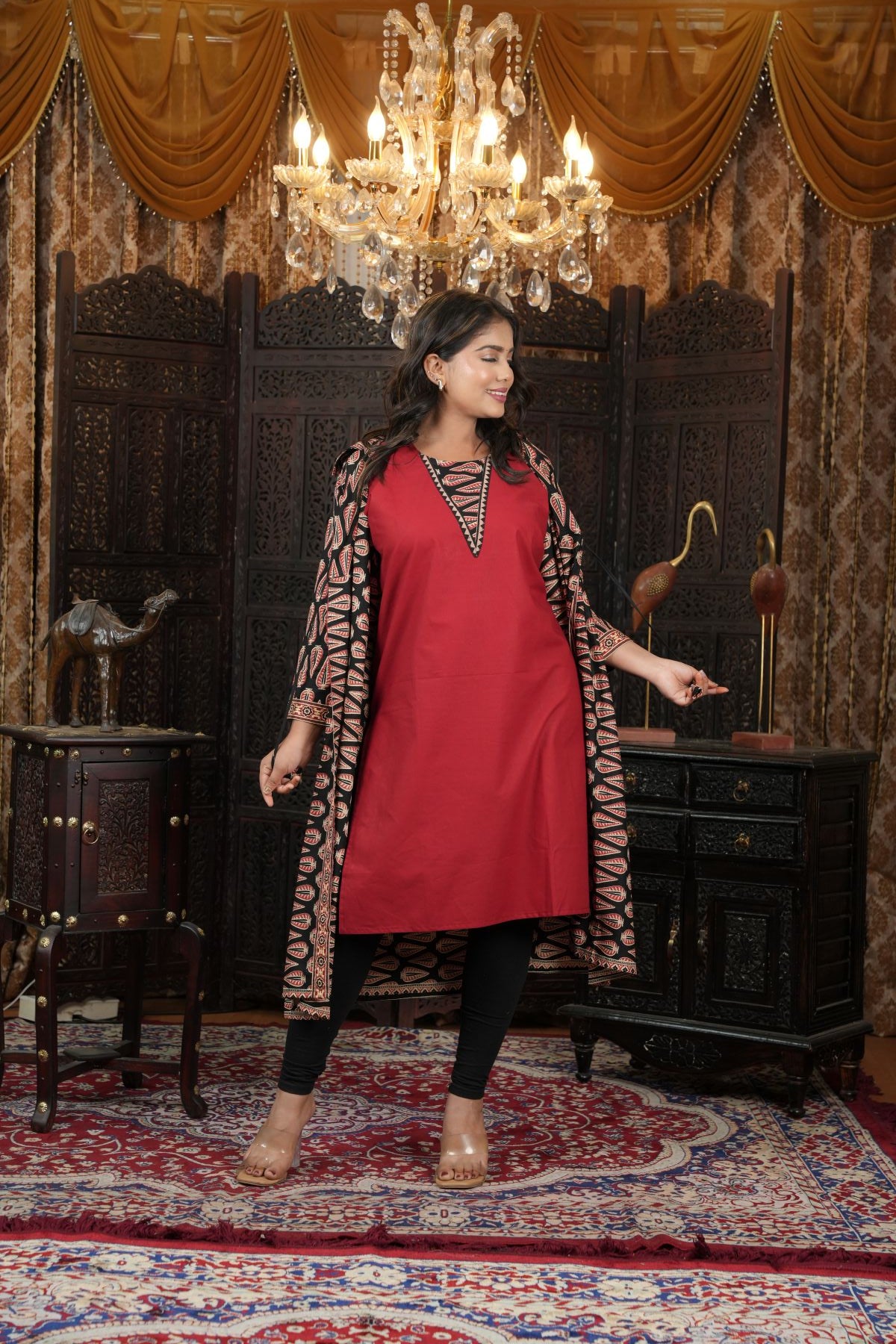 Cambric Ajrak layered Kurti with Jacket Set