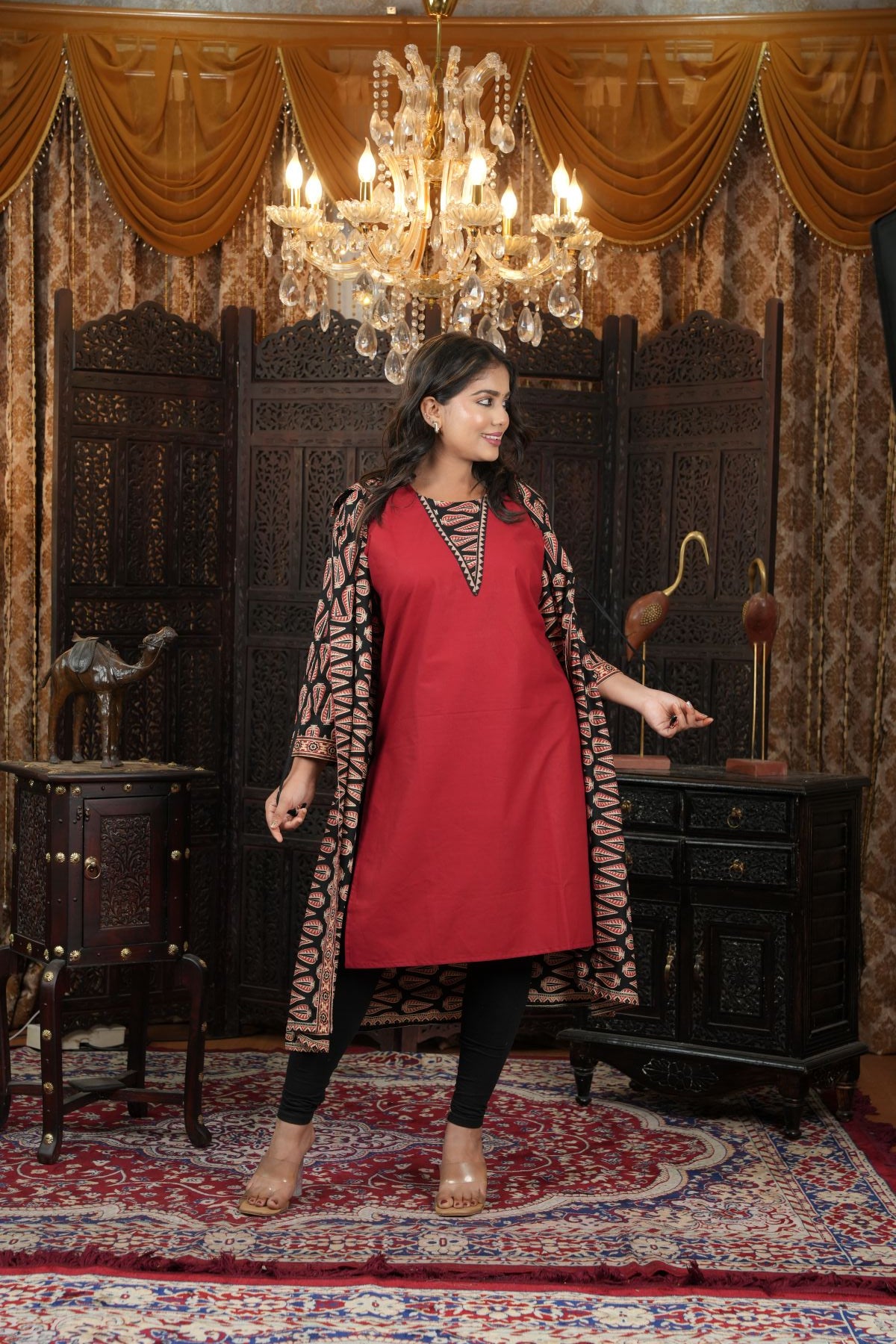 Cambric Ajrak layered Kurti with Jacket Set