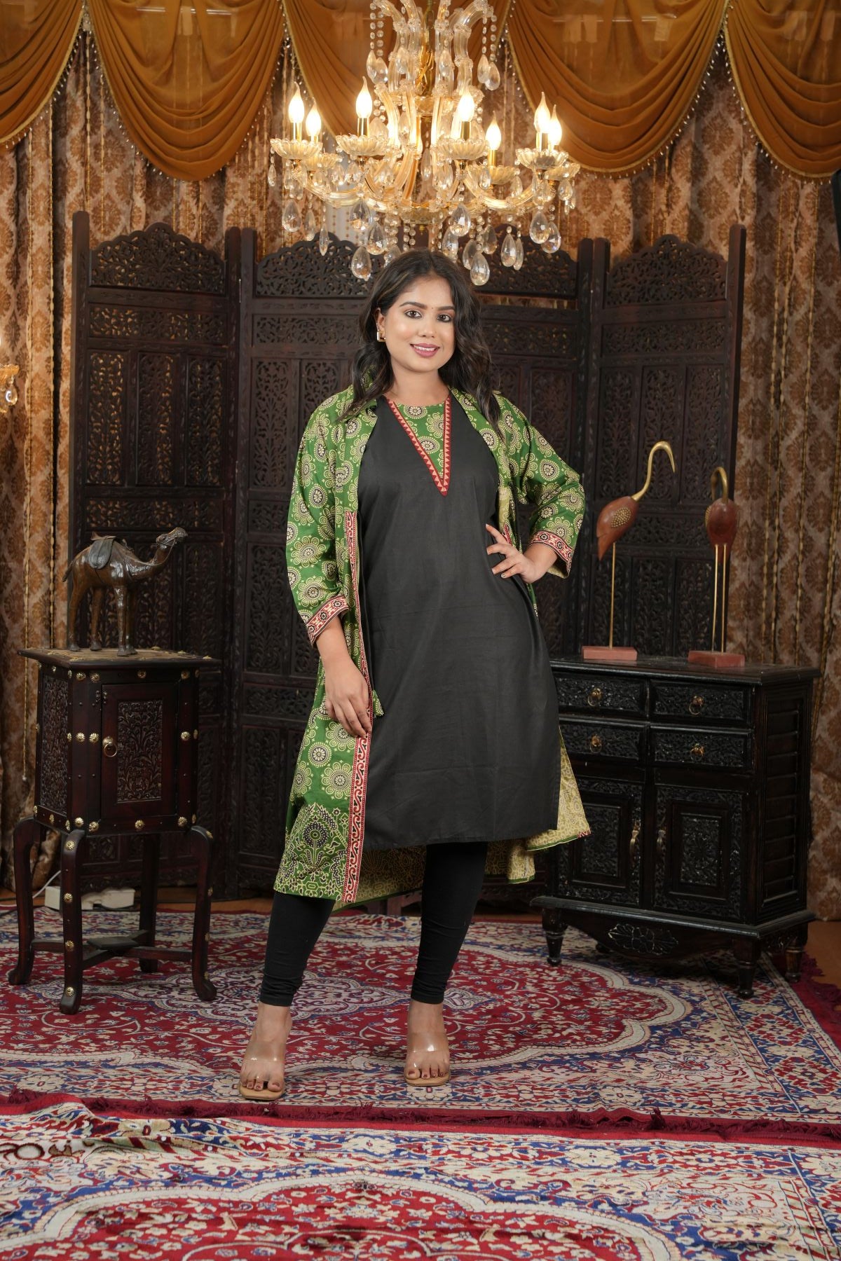Cambric Ajrak Layered Kurti with Jacket Set