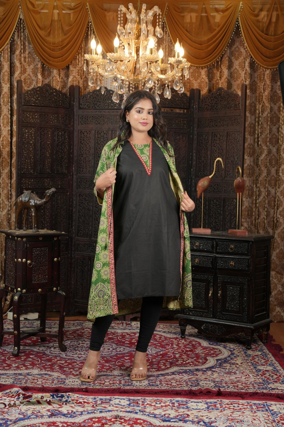 Cambric Ajrak Layered Kurti with Jacket Set