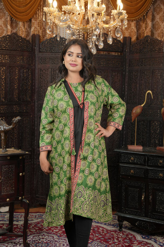 Cambric Ajrak Layered Kurti with Jacket Set