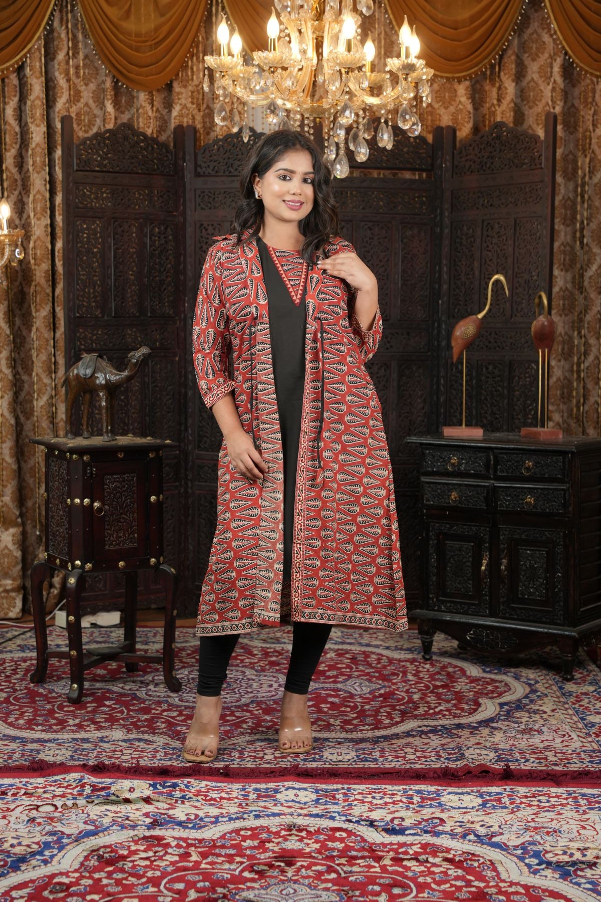 Cambric Ajrak layered Kurti with Jacket Set