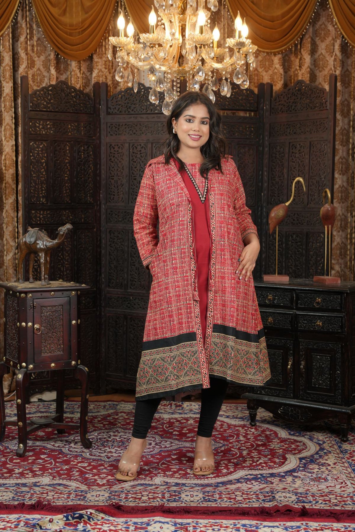 Cambric Ajrak layered Kurti with Jacket Set