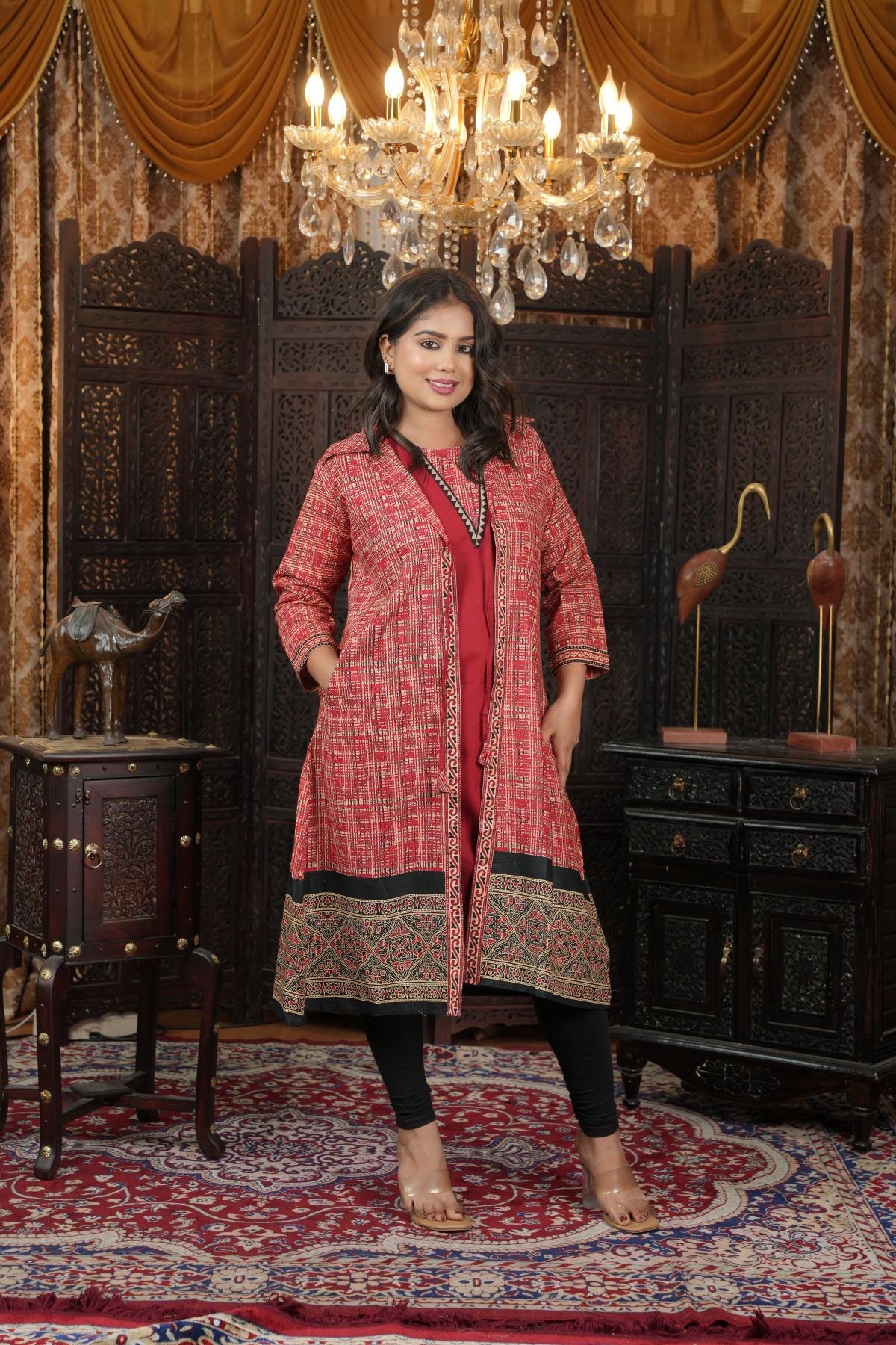 Cambric Ajrak layered Kurti with Jacket Set