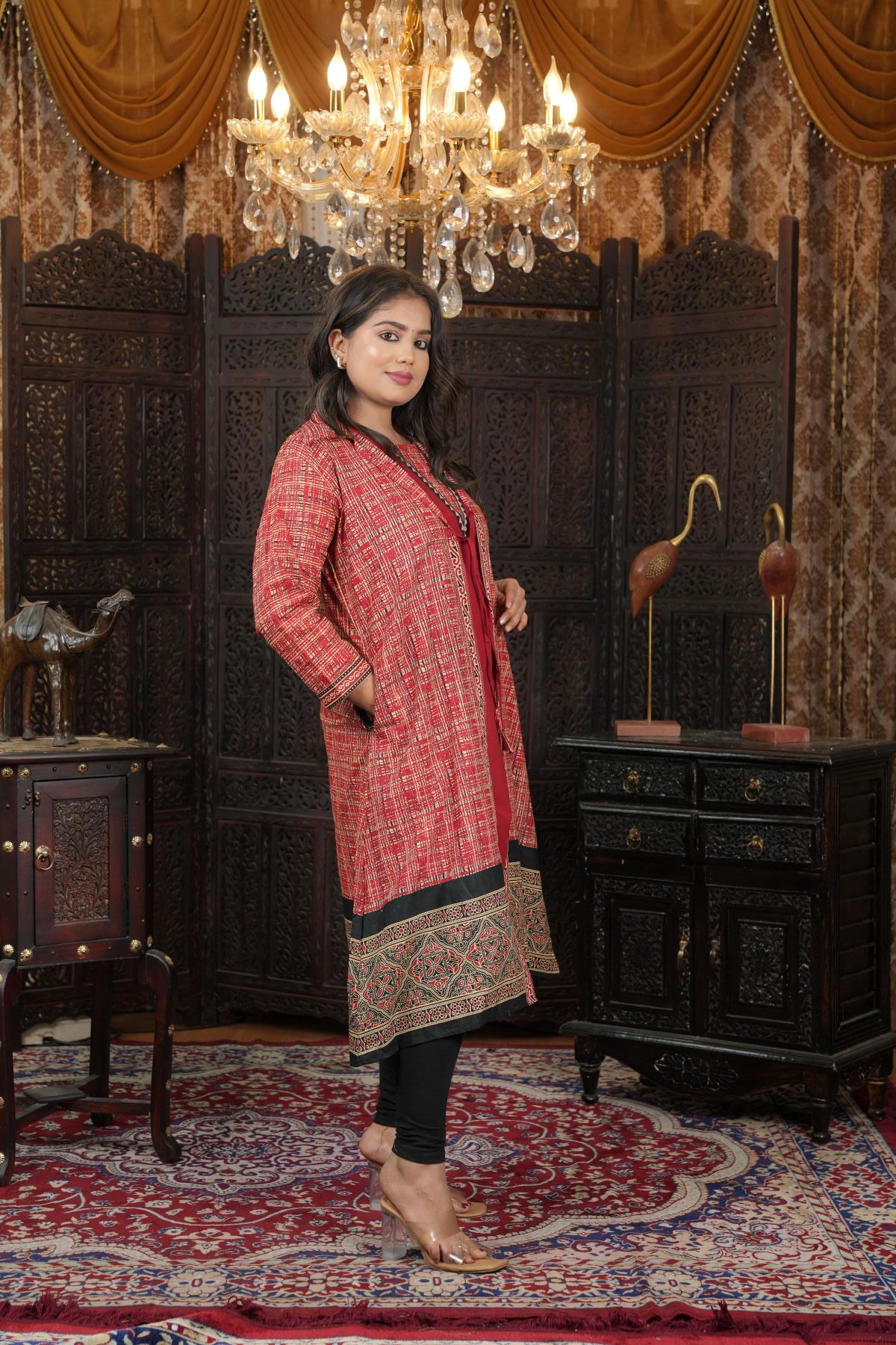 Cambric Ajrak layered Kurti with Jacket Set