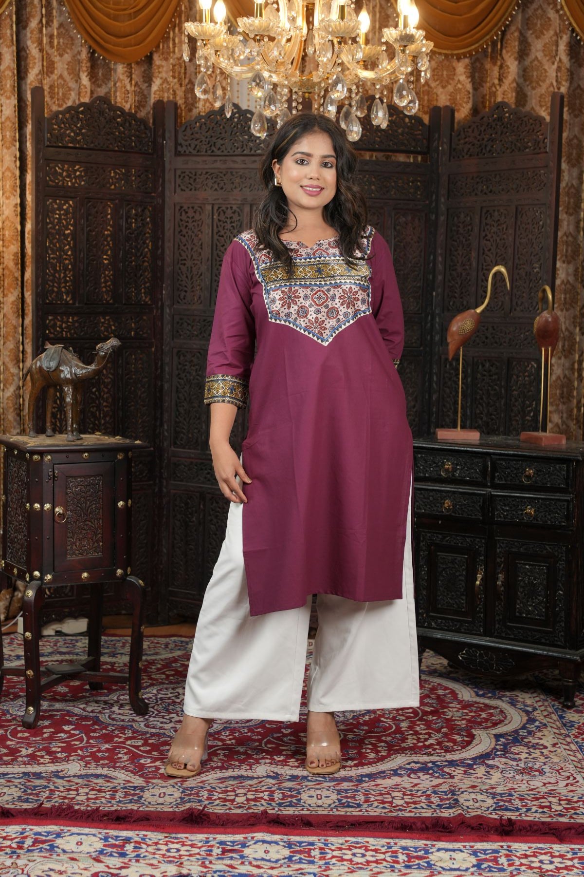 Wine Ajrak Silk - Pattern Cotton Kurti