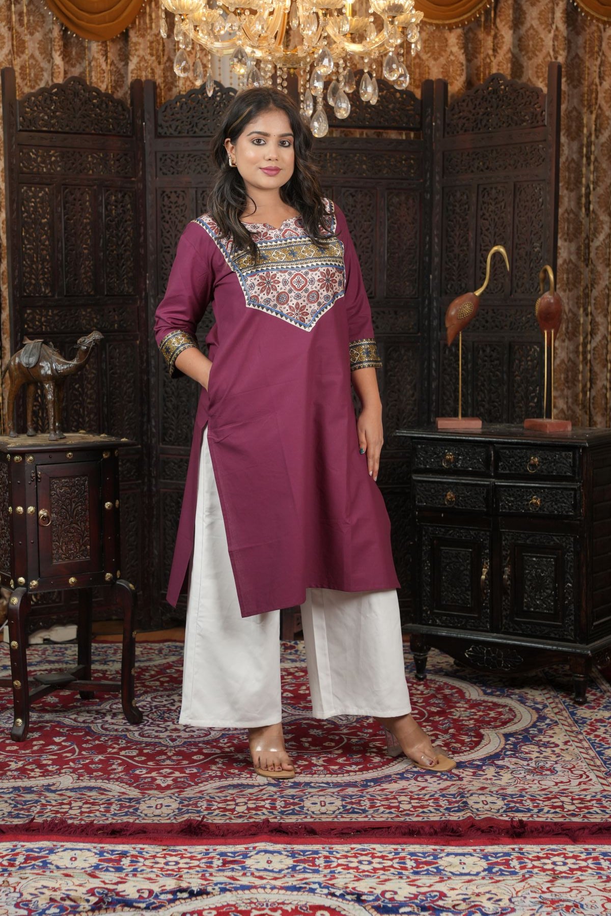 Wine Ajrak Silk - Pattern Cotton Kurti