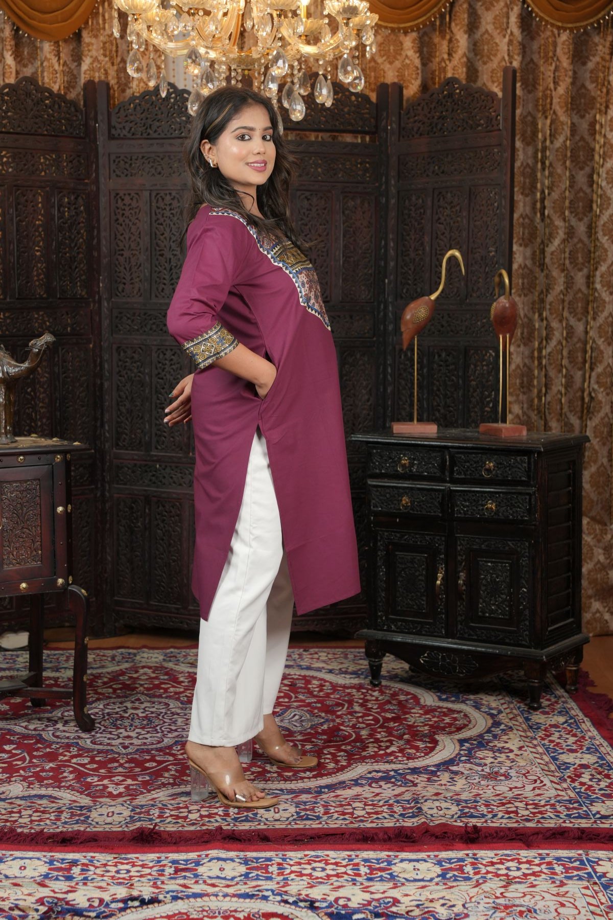 Wine Ajrak Silk - Pattern Cotton Kurti