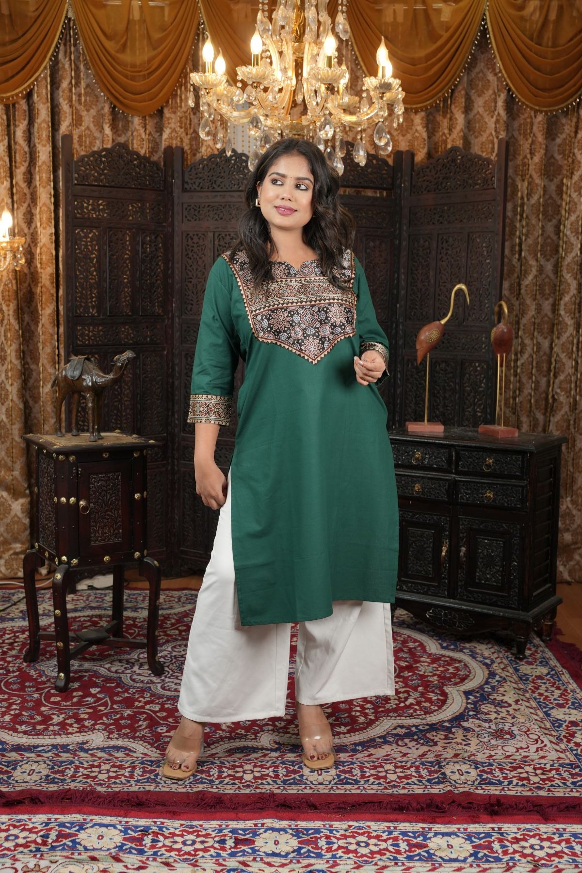 Emerald Ajrak Cotton kurti with Silk Pattern
