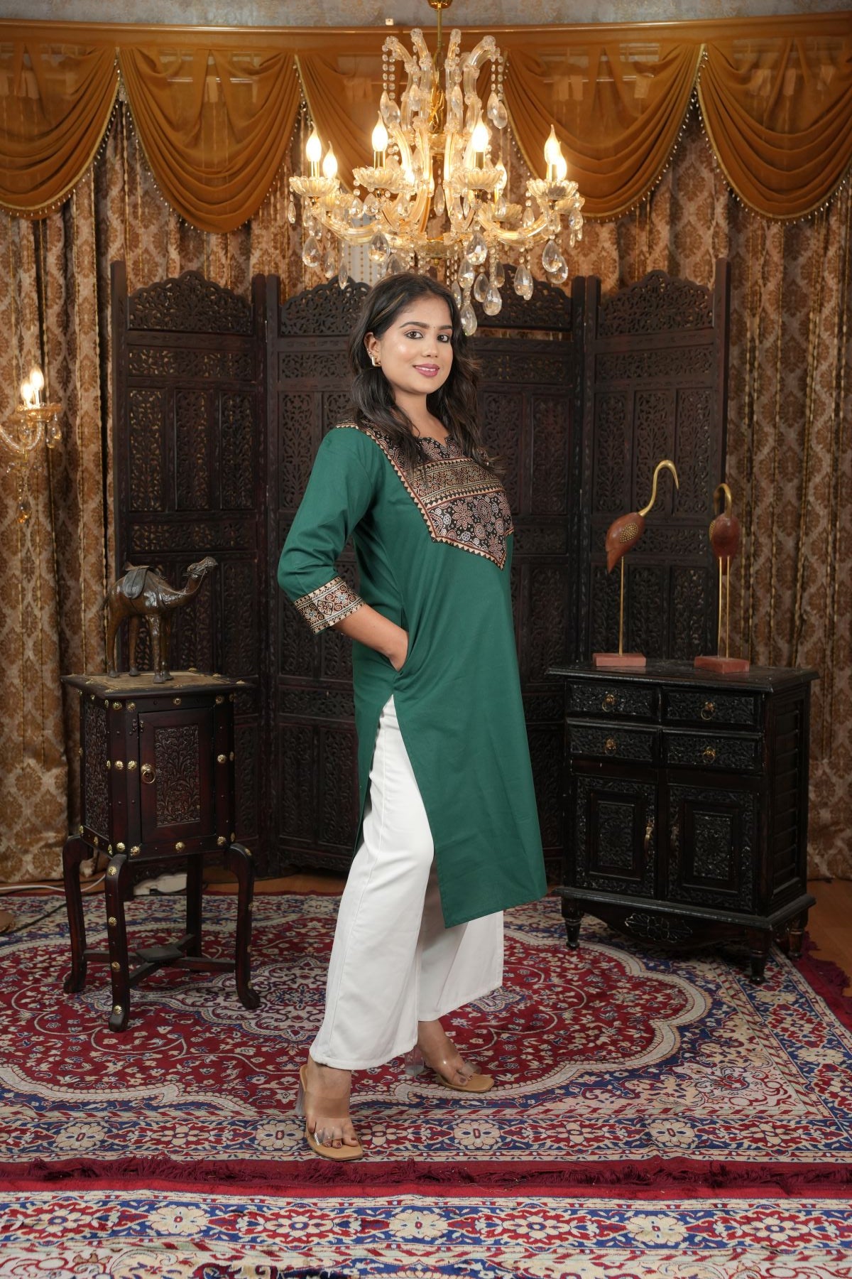 Emerald Ajrak Cotton kurti with Silk Pattern