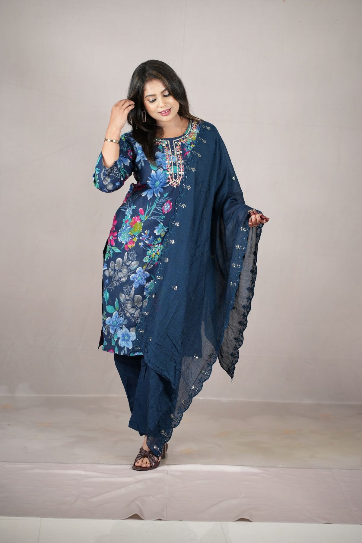 Midnight Bloom Modal Silk Kurta set with Dupatta