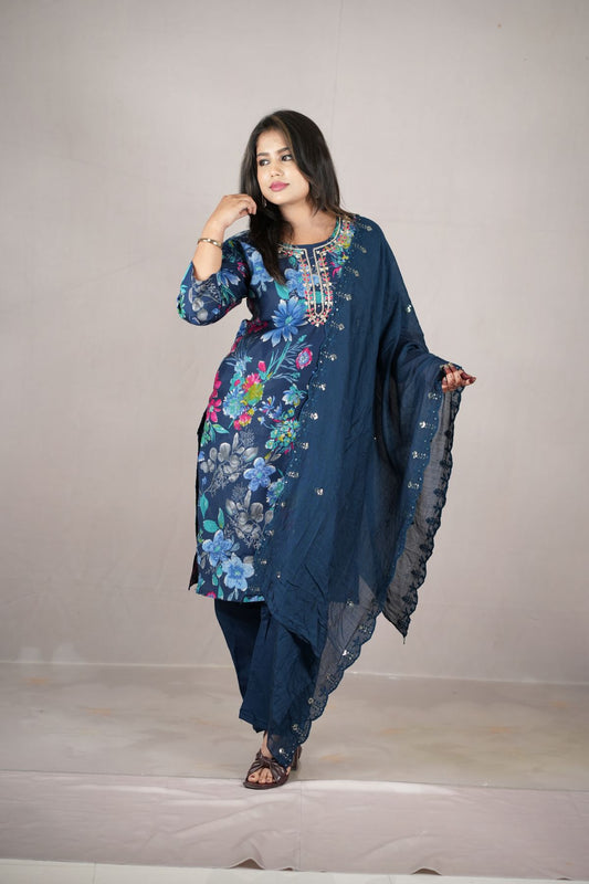 Midnight Bloom Modal Silk Kurta set with Dupatta