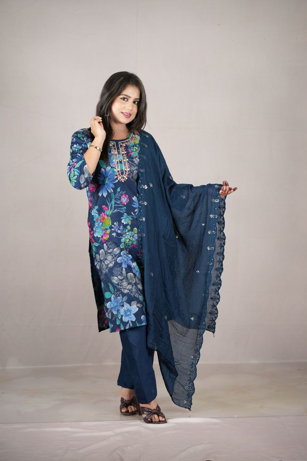 Midnight Bloom Modal Silk Kurta set with Dupatta