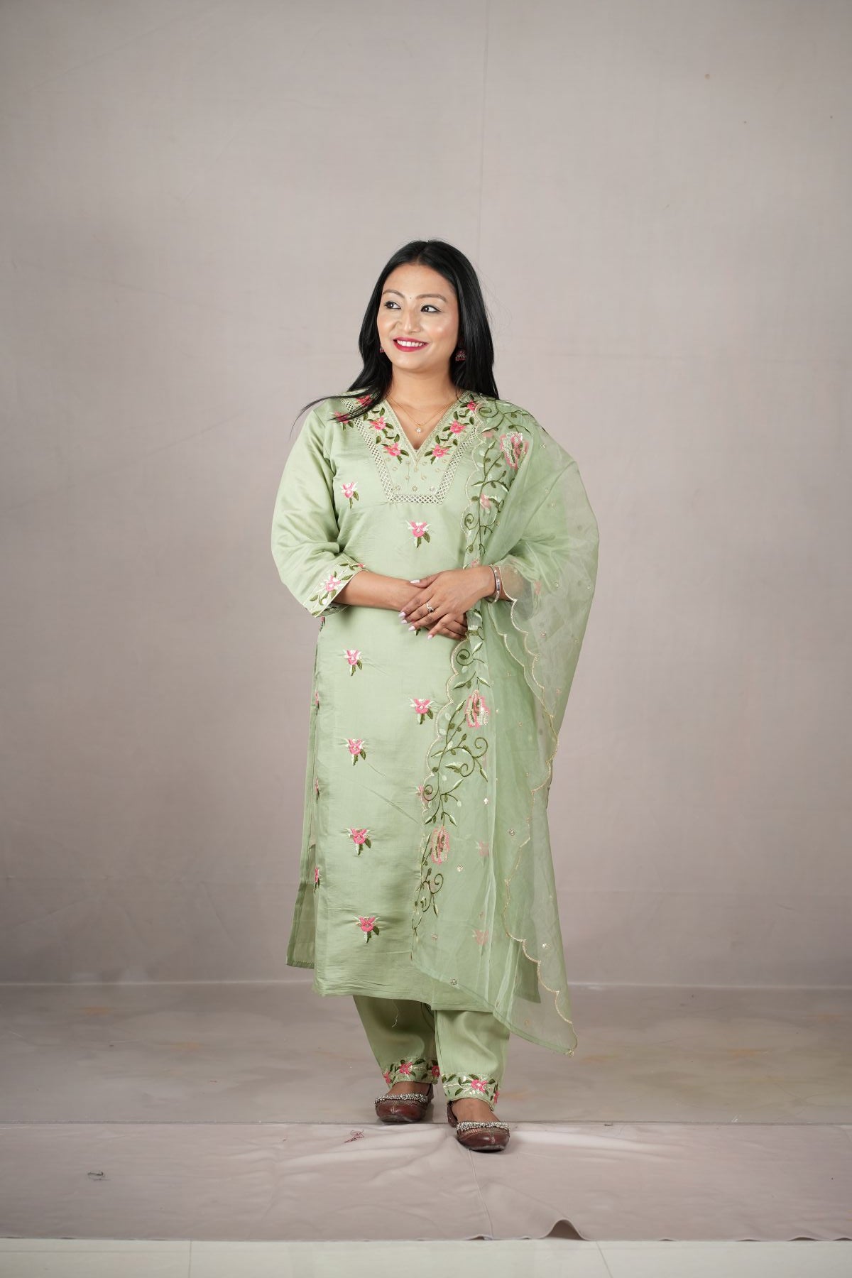 Mint Blossom Embroidered Kurti Set with Dupatta