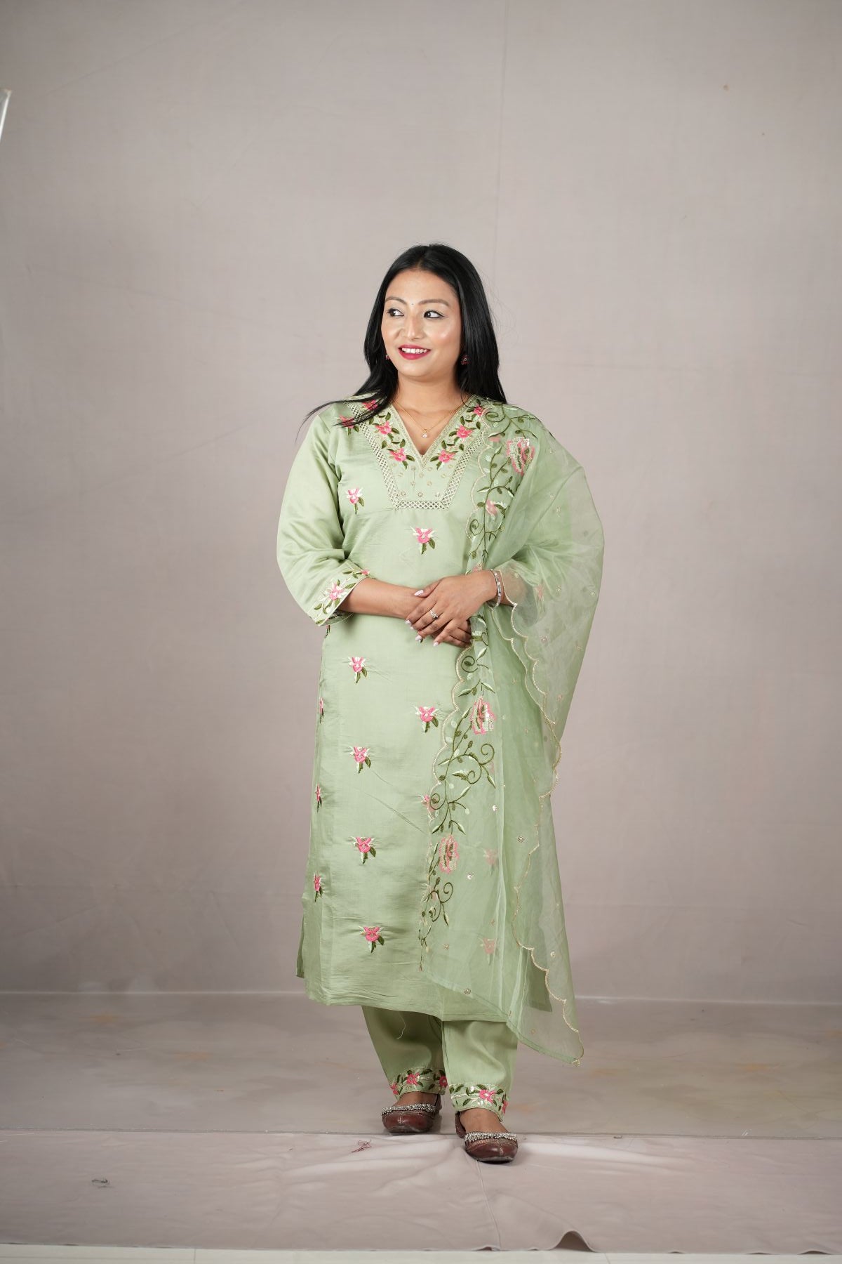 Mint Blossom Embroidered Kurti Set with Dupatta