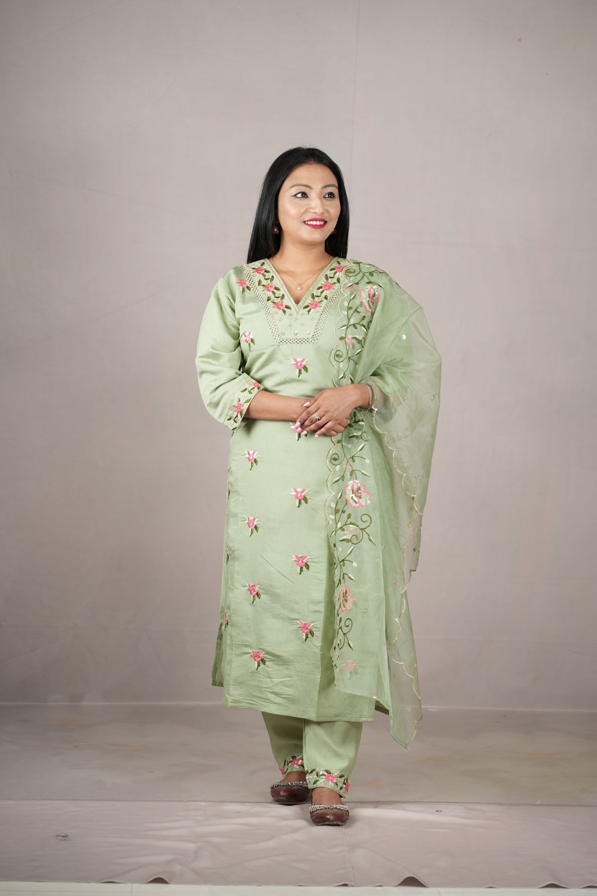 Mint Blossom Embroidered Kurti Set with Dupatta