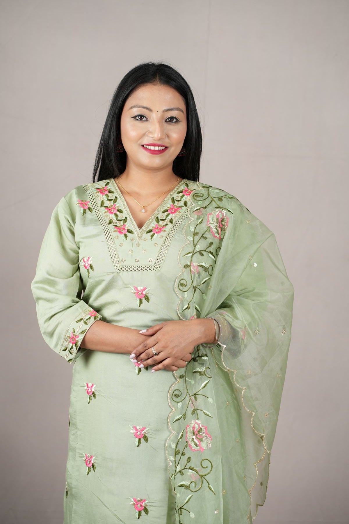 Mint Blossom Embroidered Kurti Set with Dupatta