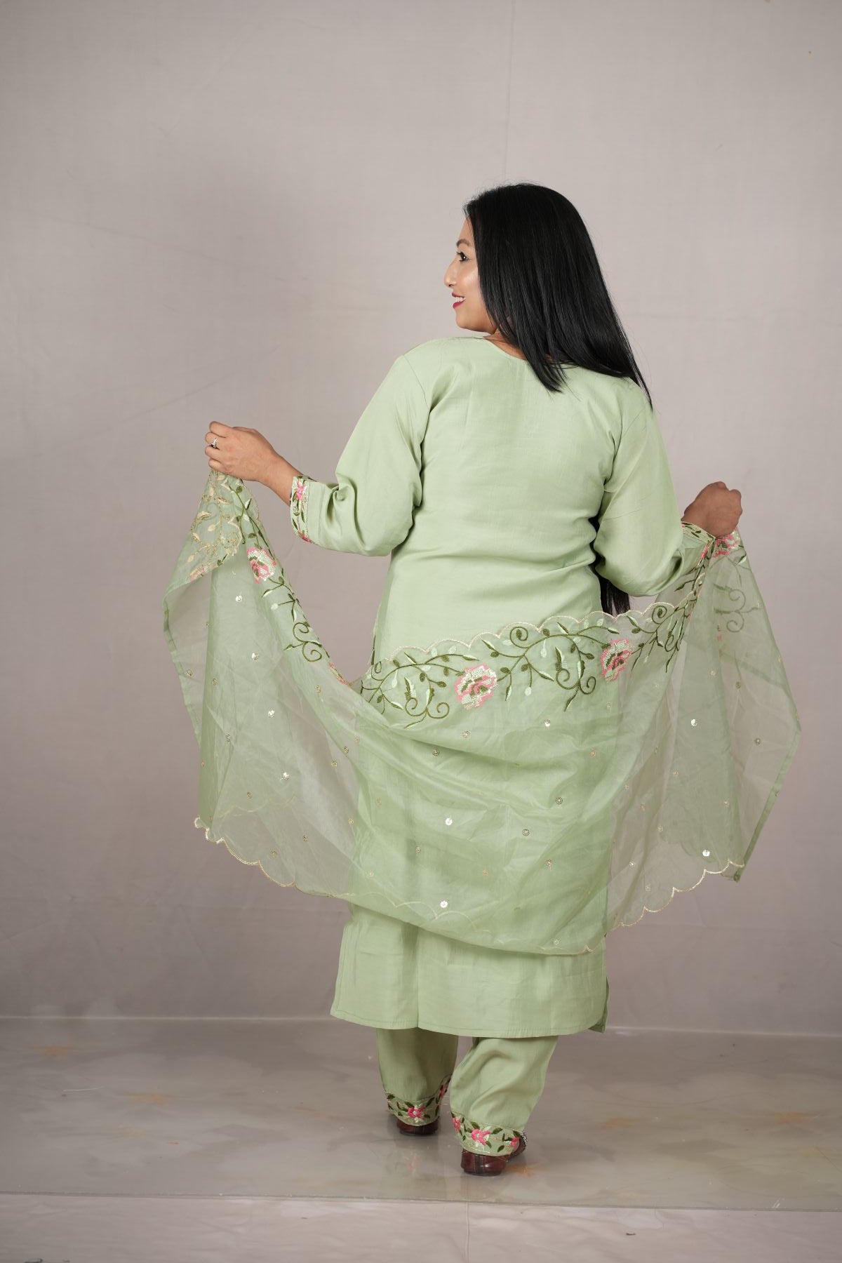 Mint Blossom Embroidered Kurti Set with Dupatta