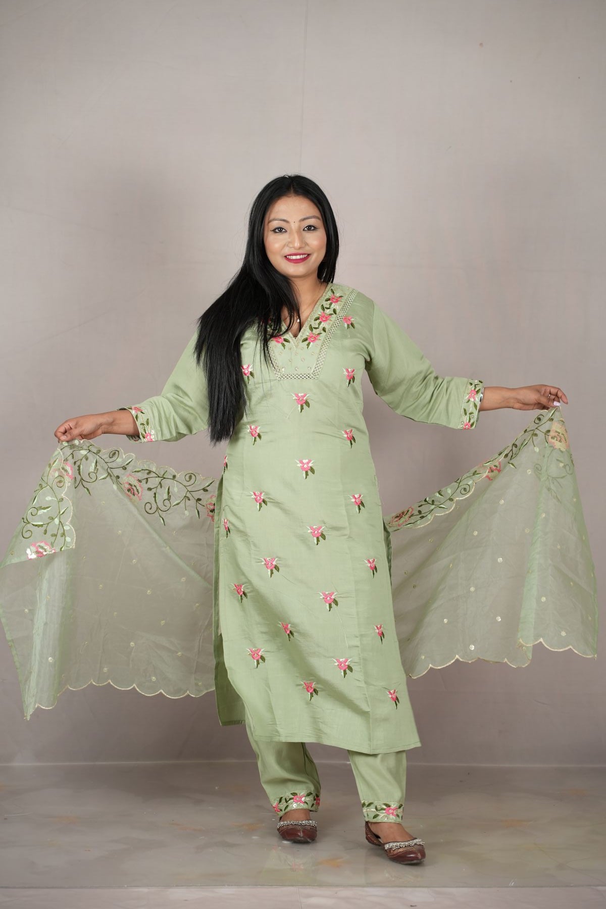 Mint Blossom Embroidered Kurti Set with Dupatta