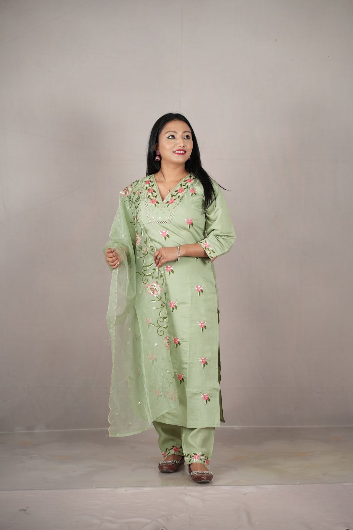 Mint Blossom Embroidered Kurti Set with Dupatta
