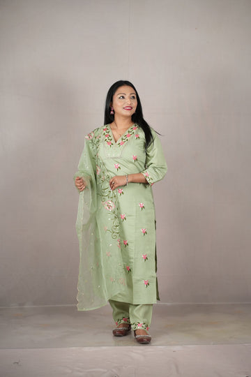 Mint Blossom Embroidered Kurti Set with Dupatta