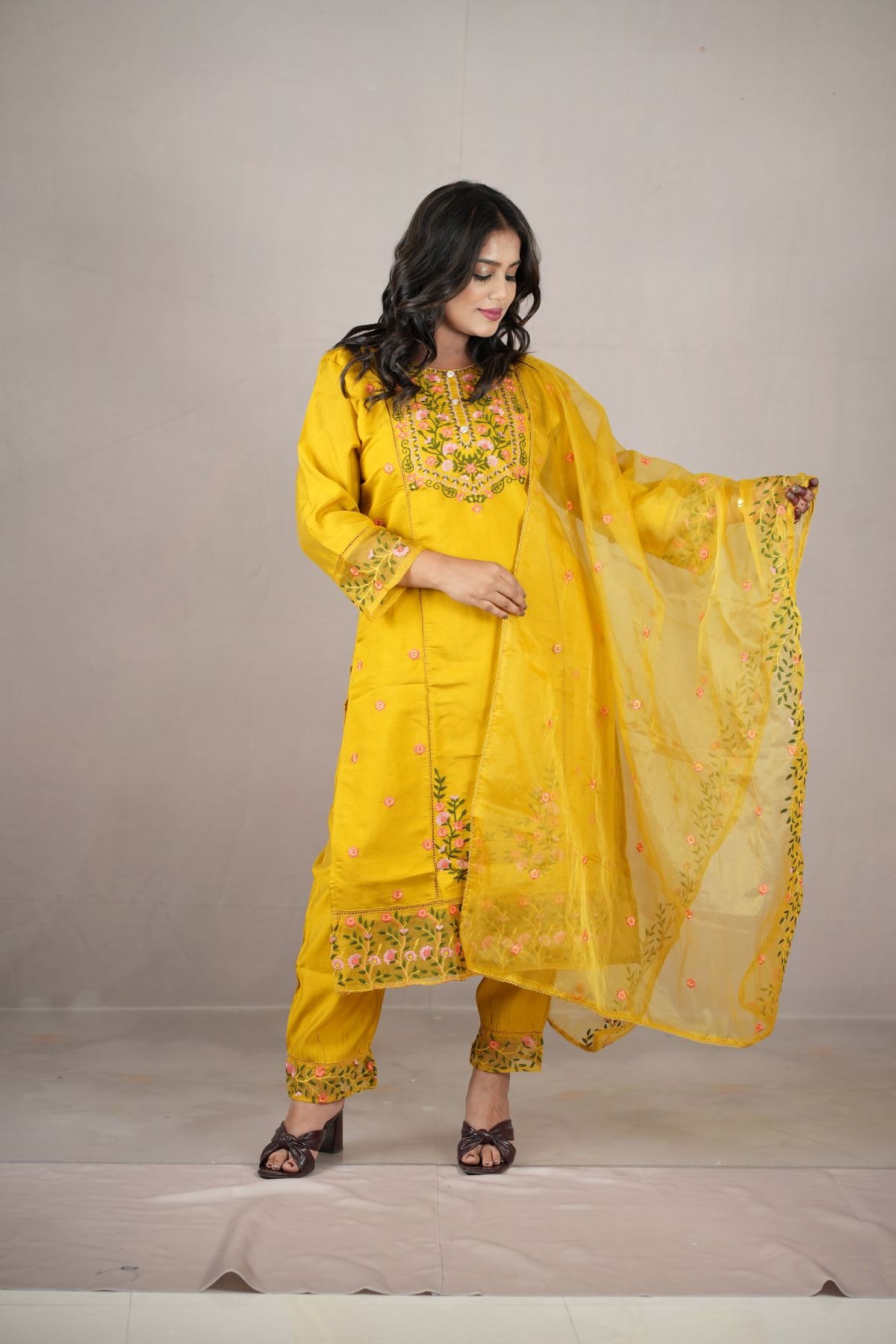 Sunshine Floral Embroided Kurta set with dupatta