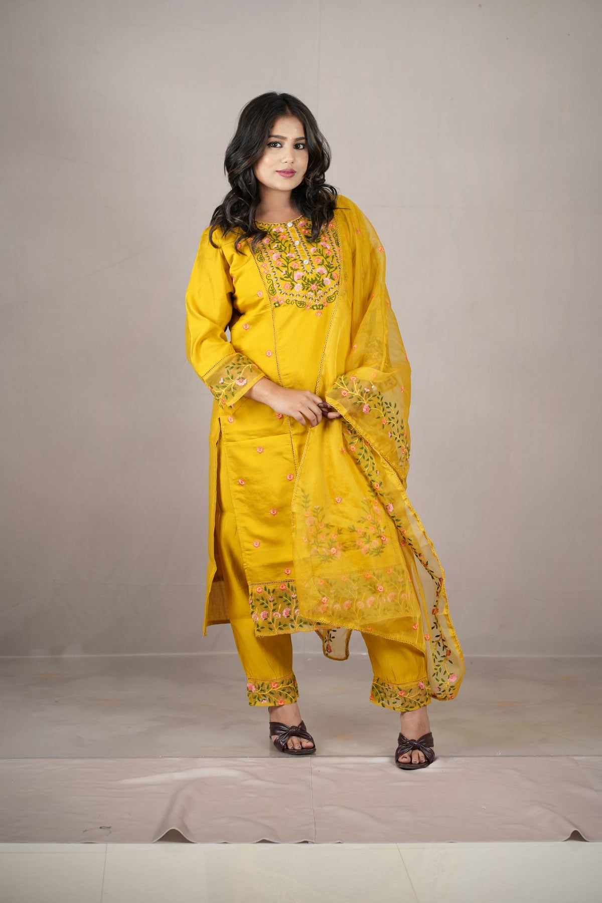 Sunshine Floral Embroided Kurta set with dupatta