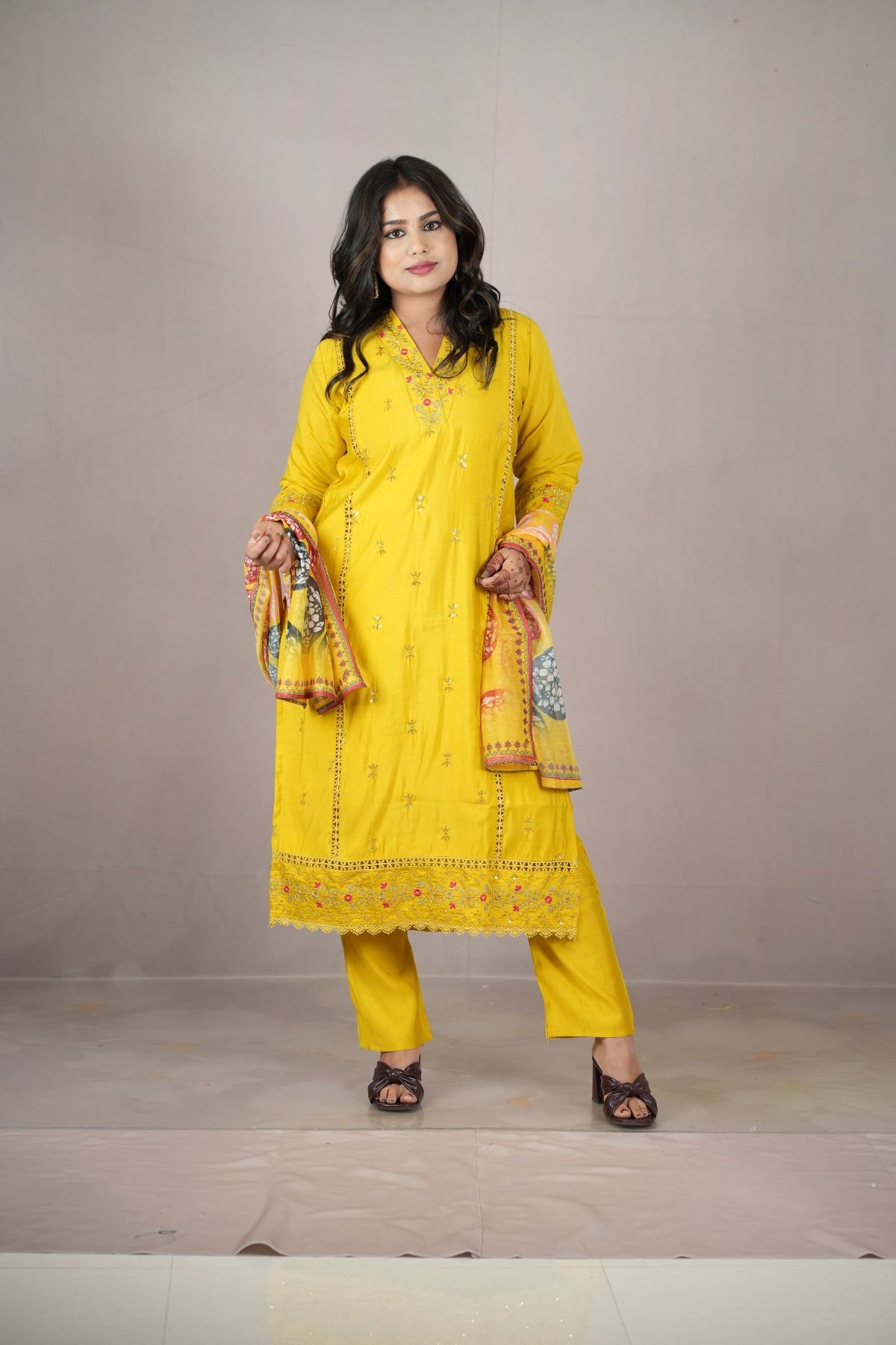 Sunburst Roman Silk Embroidered Kurta Set with Printed Dupatta