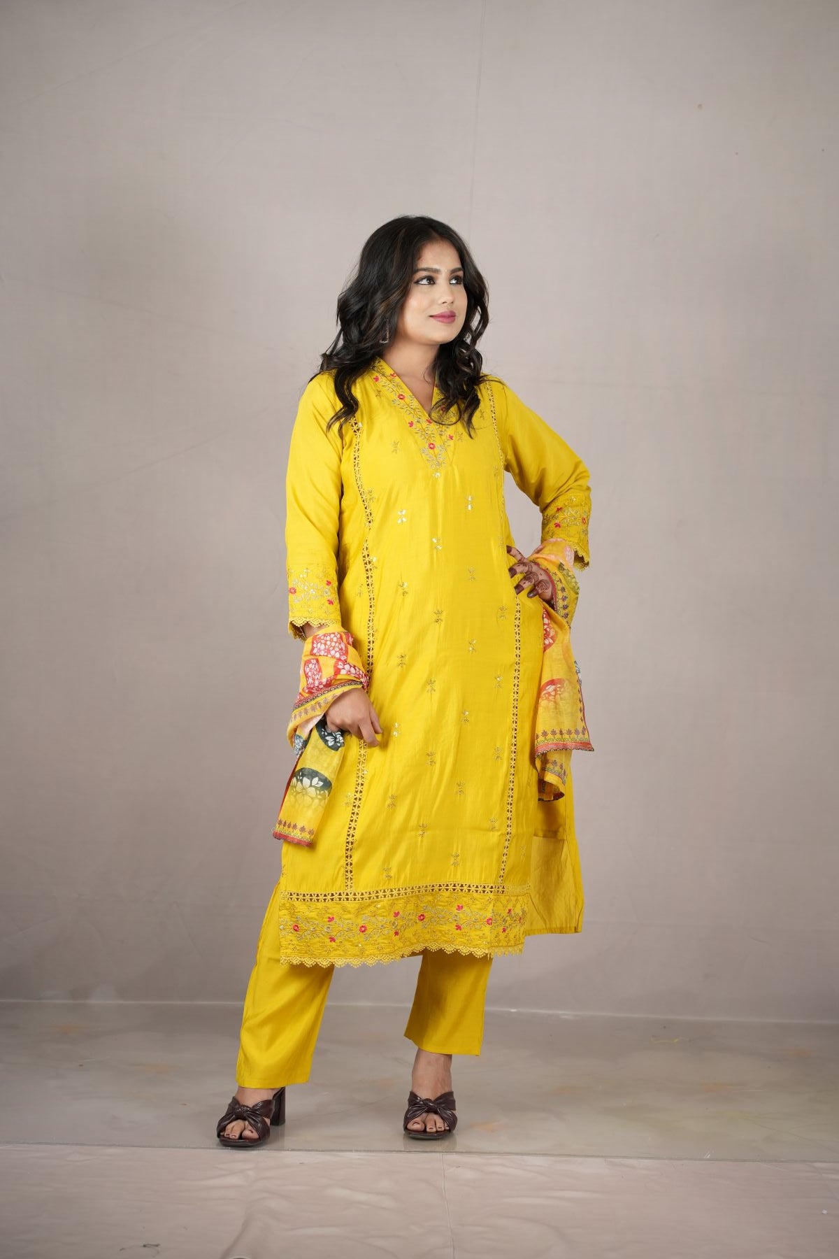 Sunburst Roman Silk Embroidered Kurta Set with Printed Dupatta