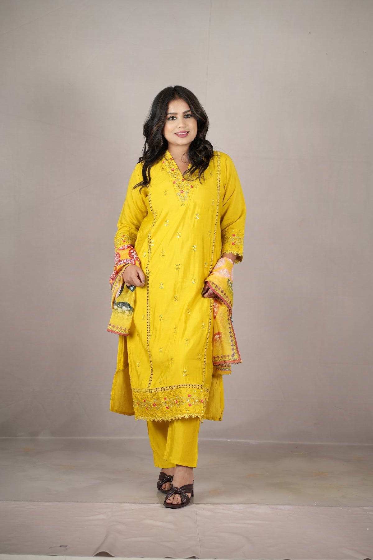 Sunburst Roman Silk Embroidered Kurta Set with Printed Dupatta