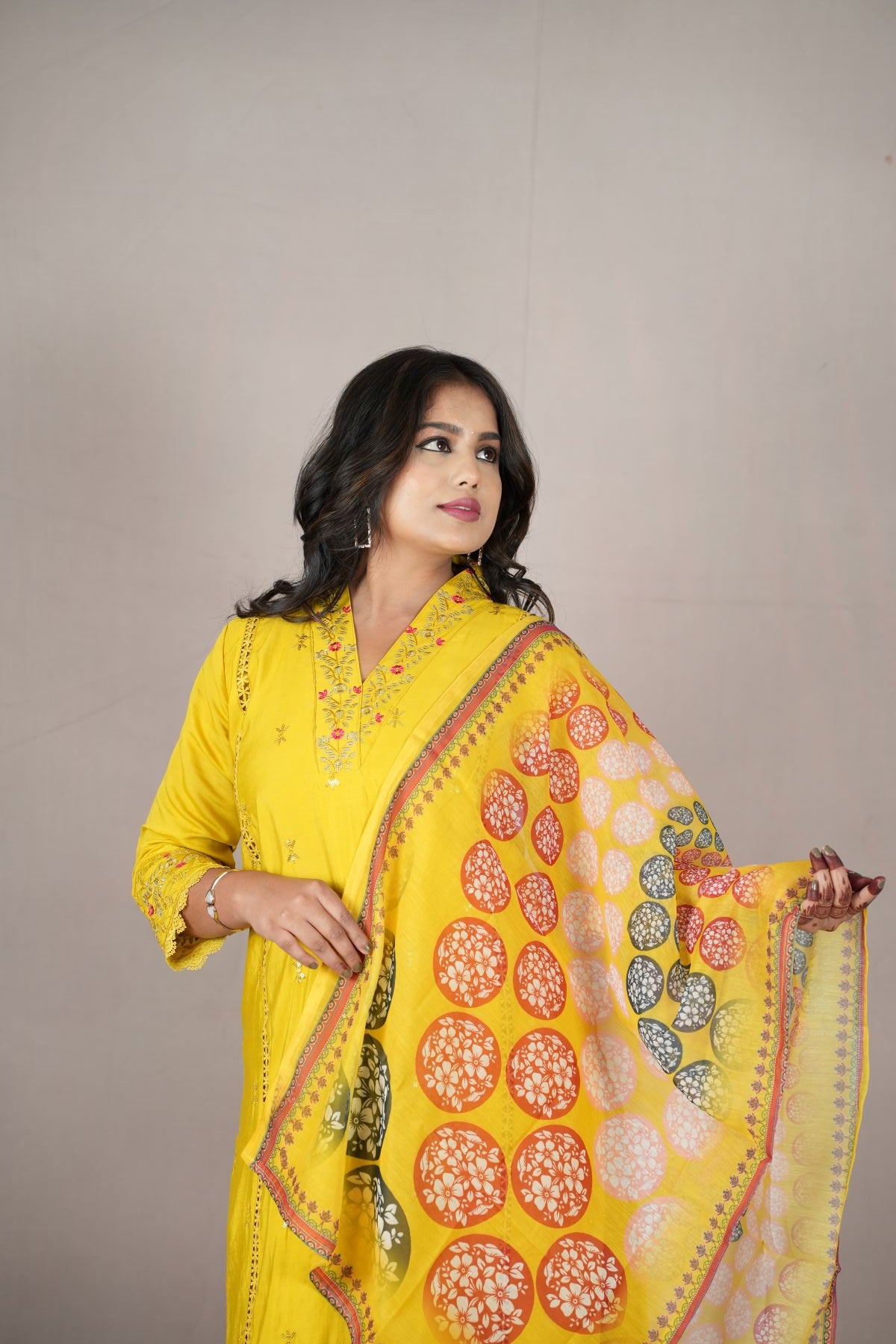 Sunburst Roman Silk Embroidered Kurta Set with Printed Dupatta