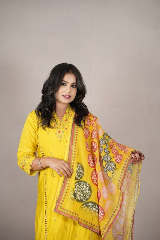 Sunburst Roman Silk Embroidered Kurta Set with Printed Dupatta