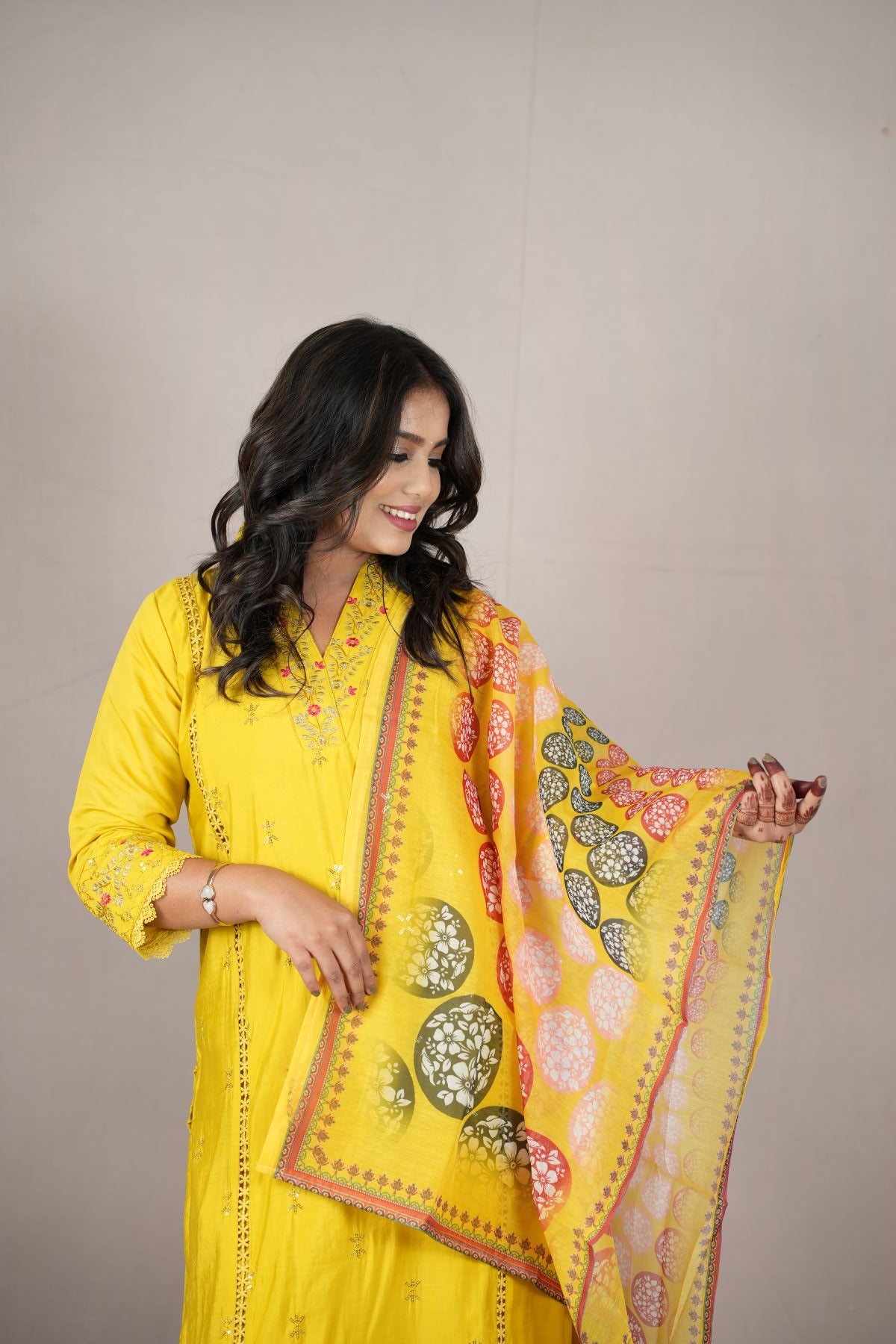 Sunburst Roman Silk Embroidered Kurta Set with Printed Dupatta