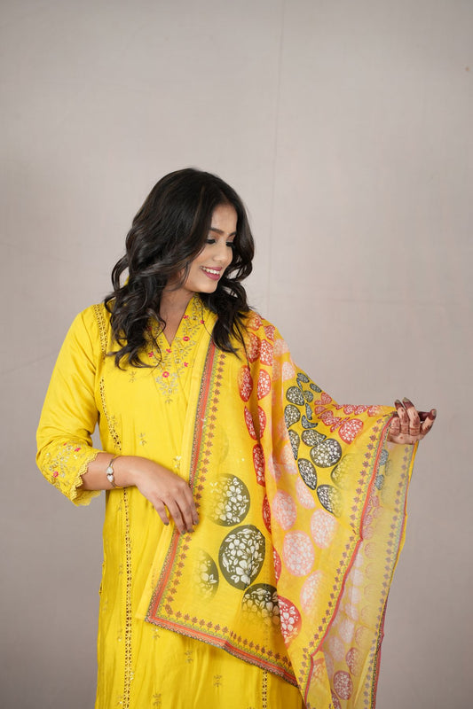 Sunburst Roman Silk Embroidered Kurta Set with Printed Dupatta