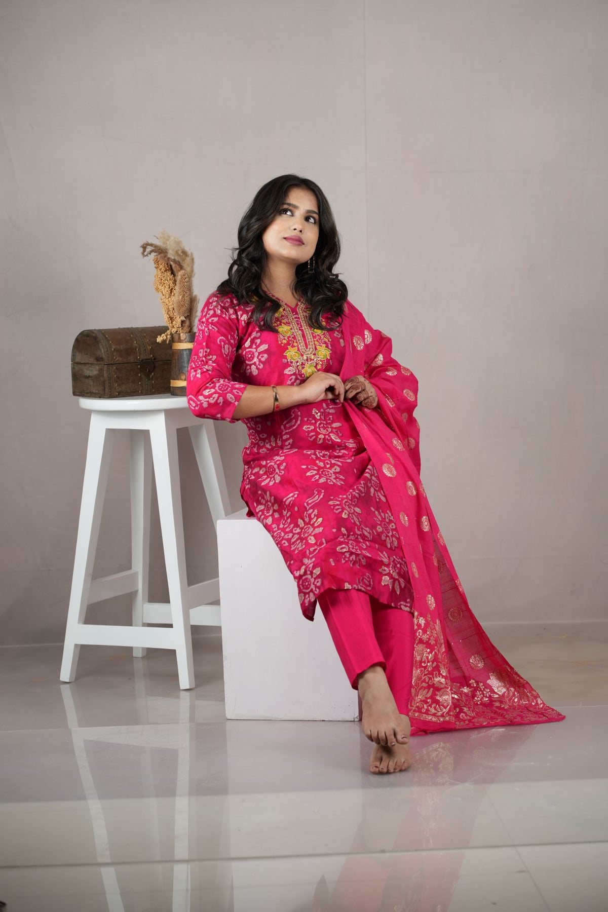 Rani Pink Silk Kurta Set with Banarasi Dupatta