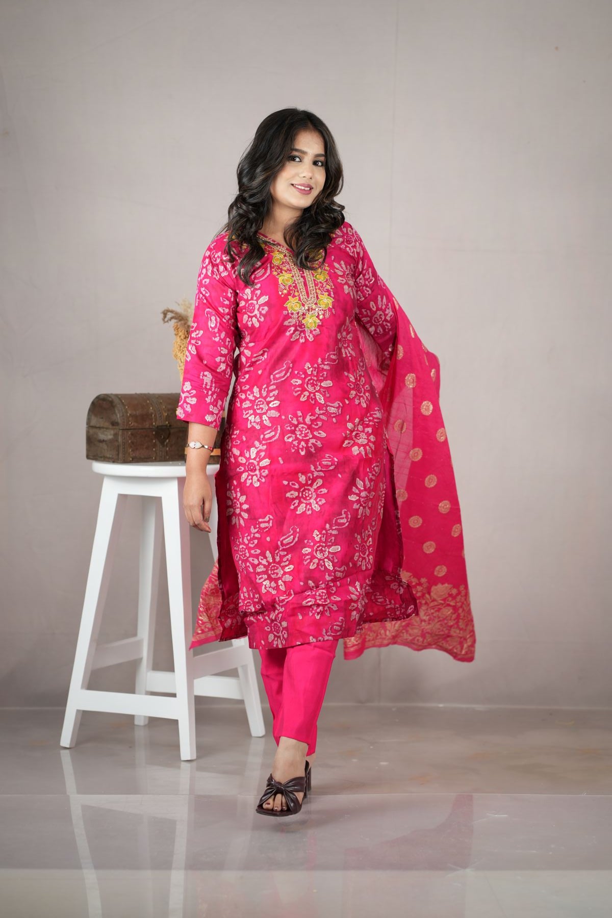 Rani Pink Silk Kurta Set with Banarasi Dupatta