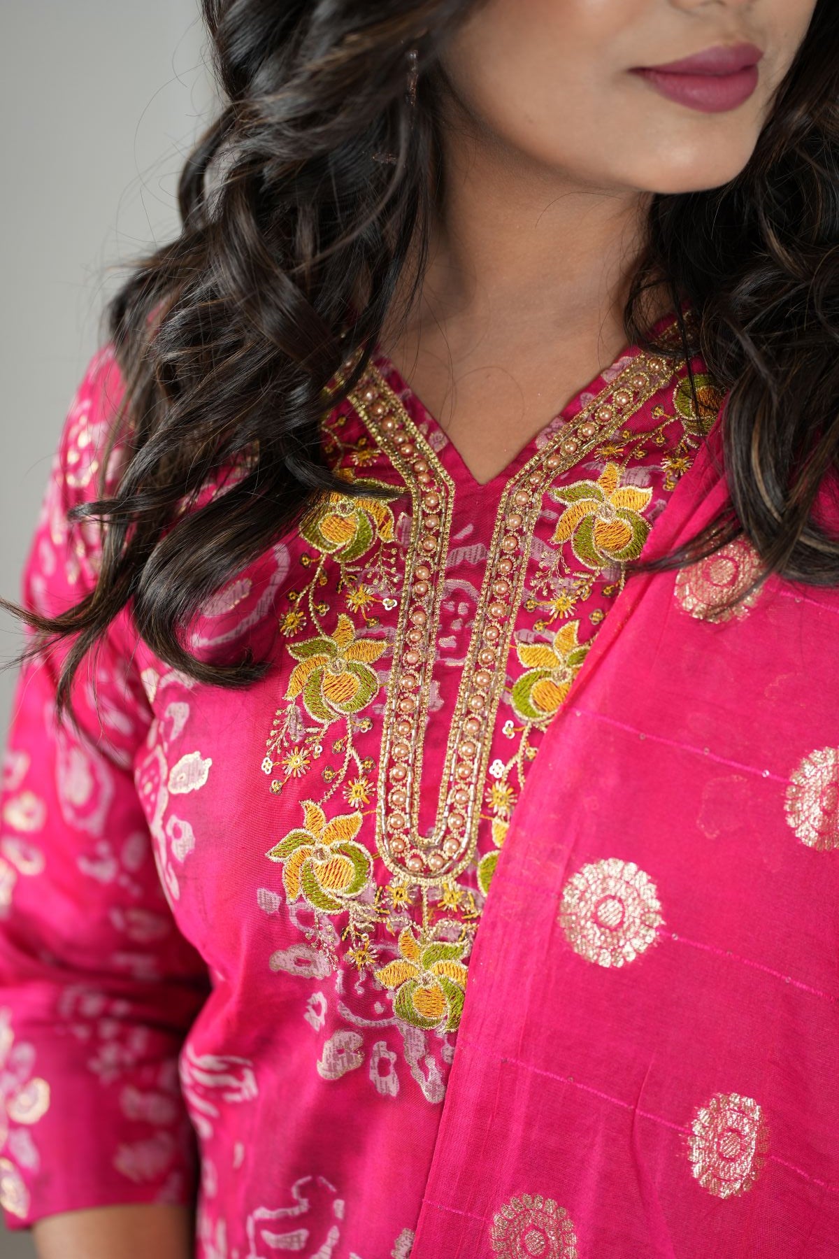 Rani Pink Silk Kurta Set with Banarasi Dupatta